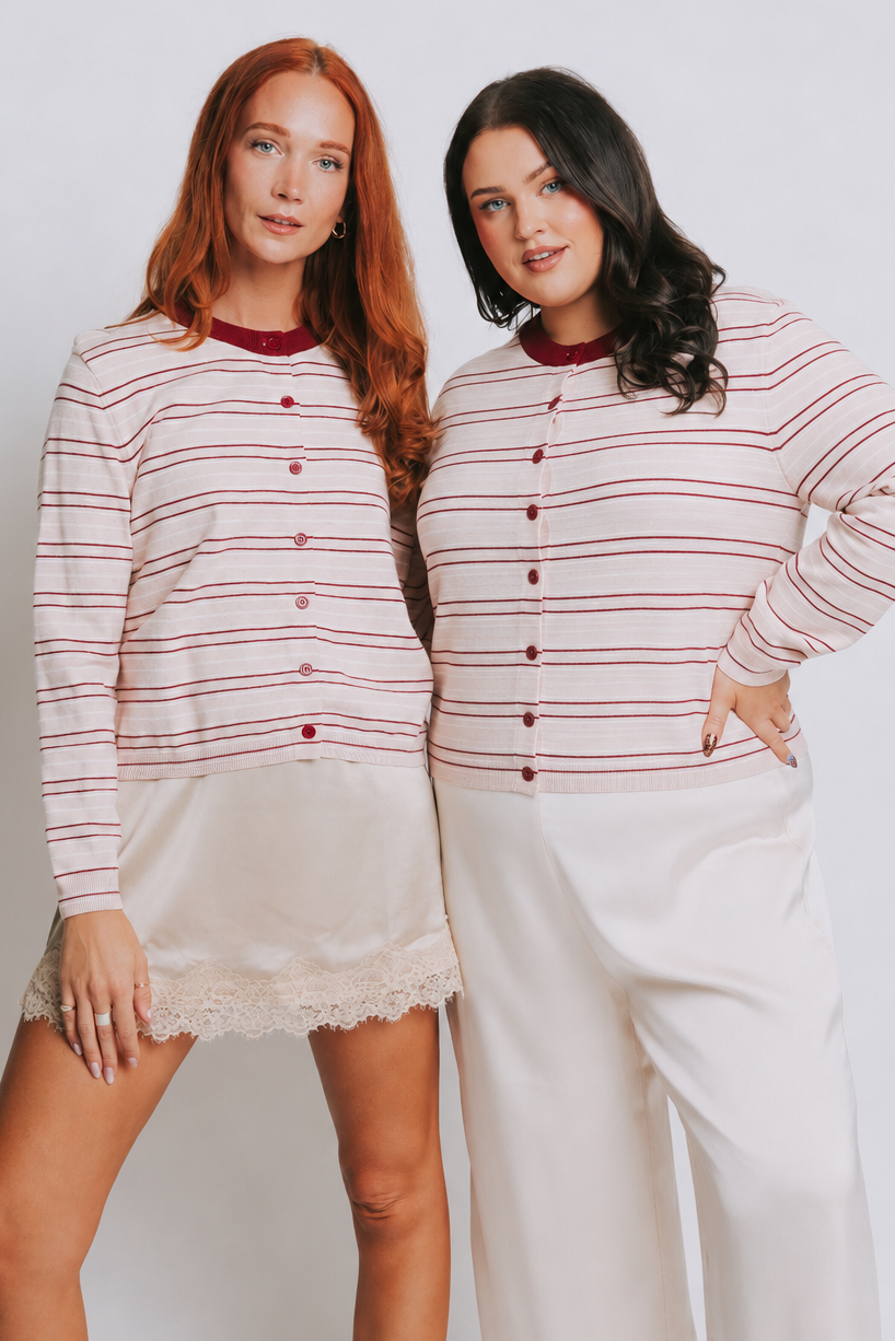 pink and red striped cardigan