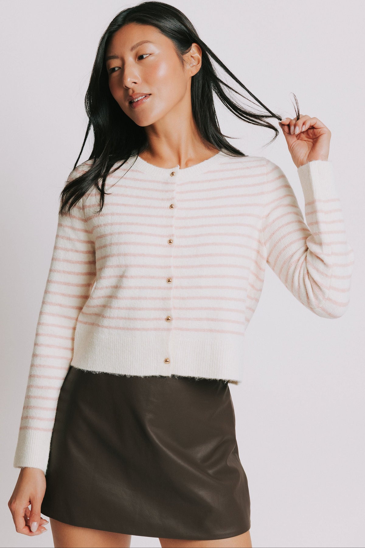pink and white striped cardigan