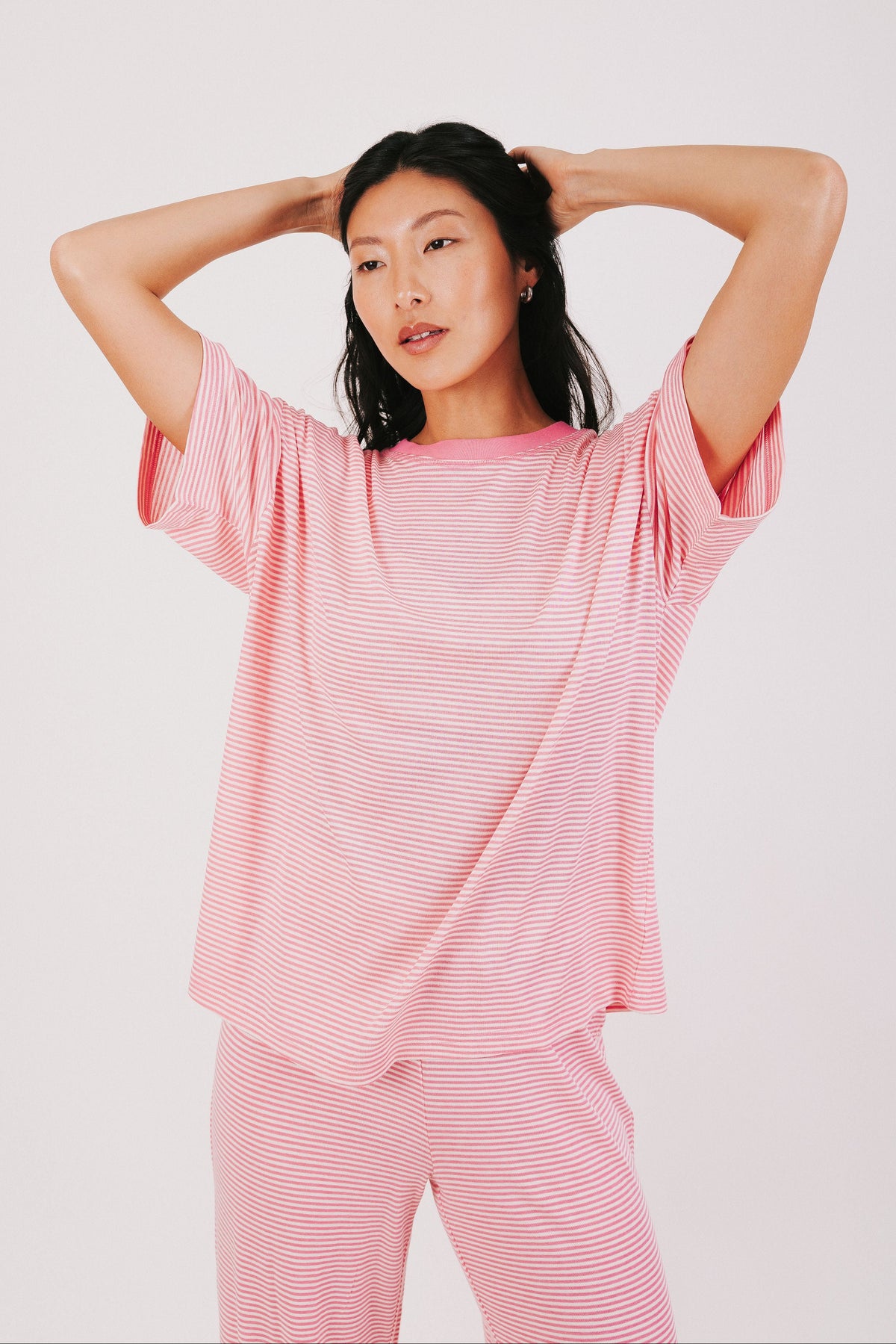 pink and white striped oversized top