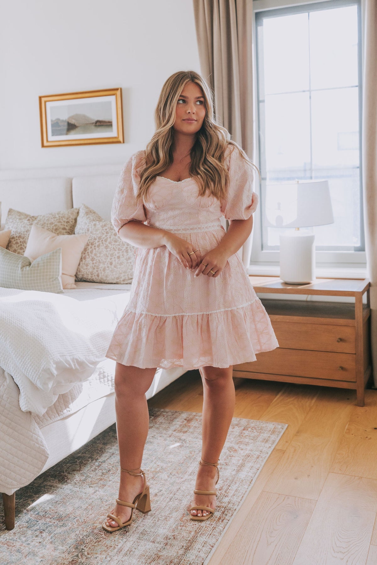 pink bow patterned mini dress with white lace trim lifestyle