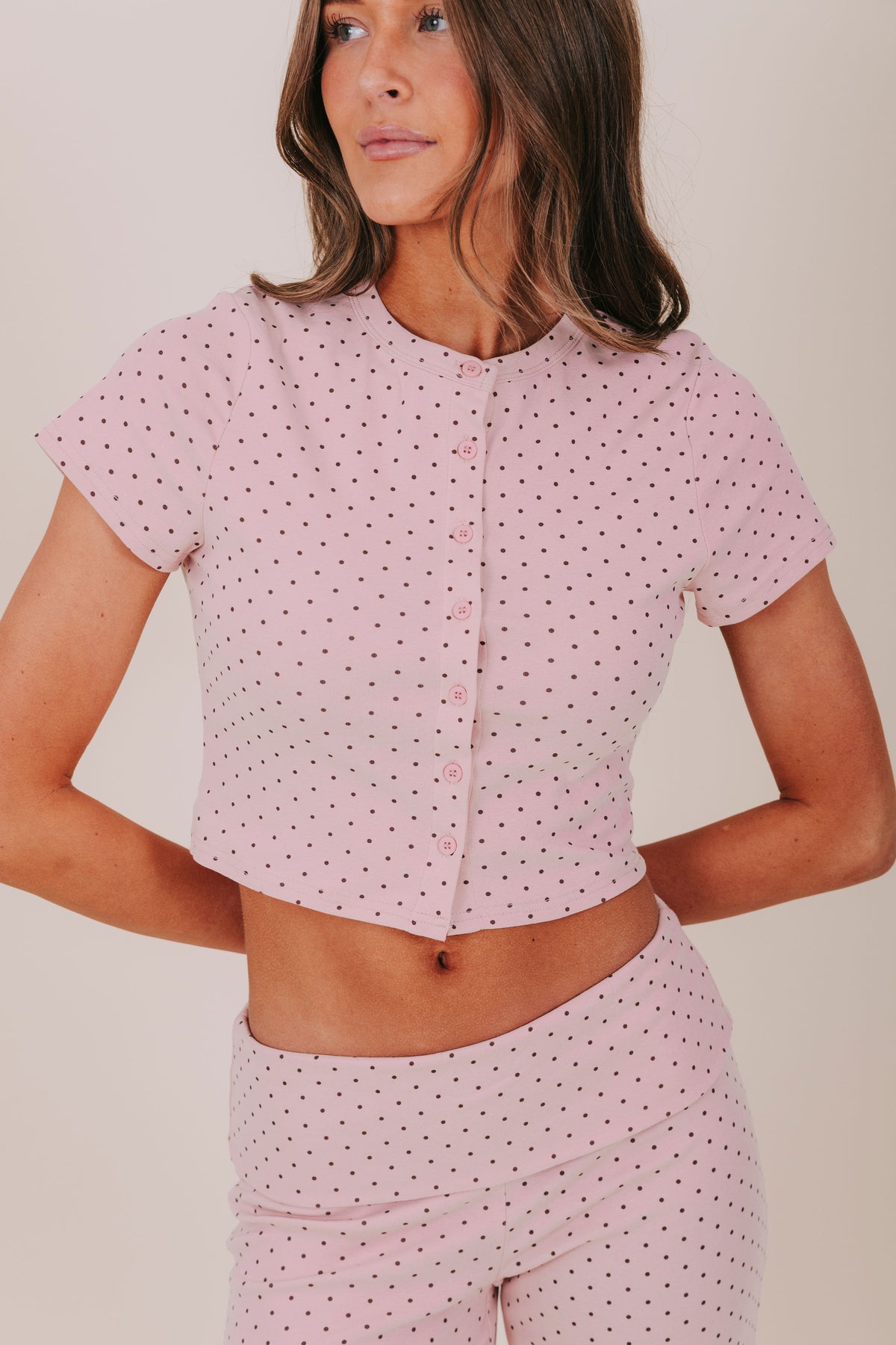pink brown polka dot cropped button up top detail