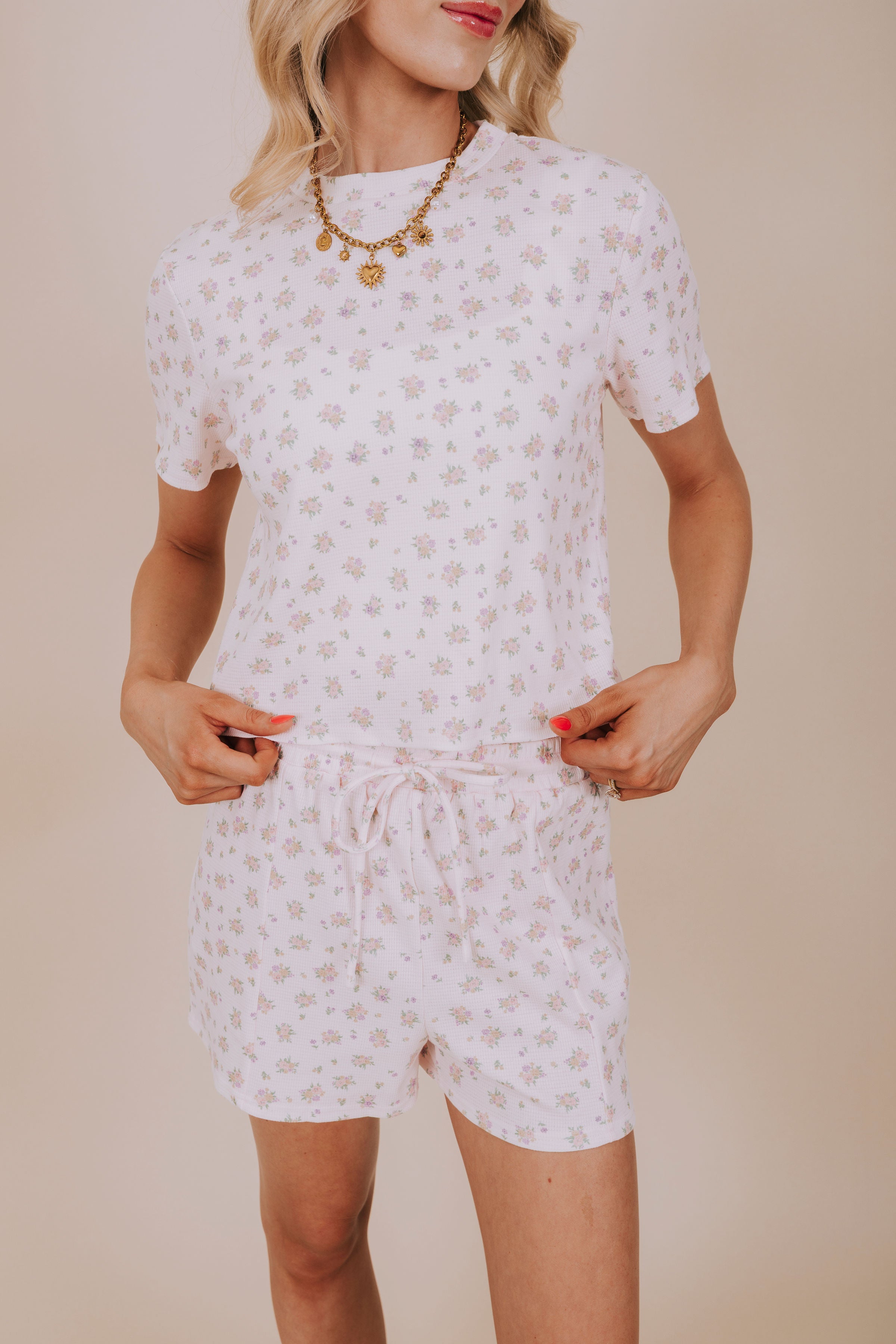 pink floral matching set close up