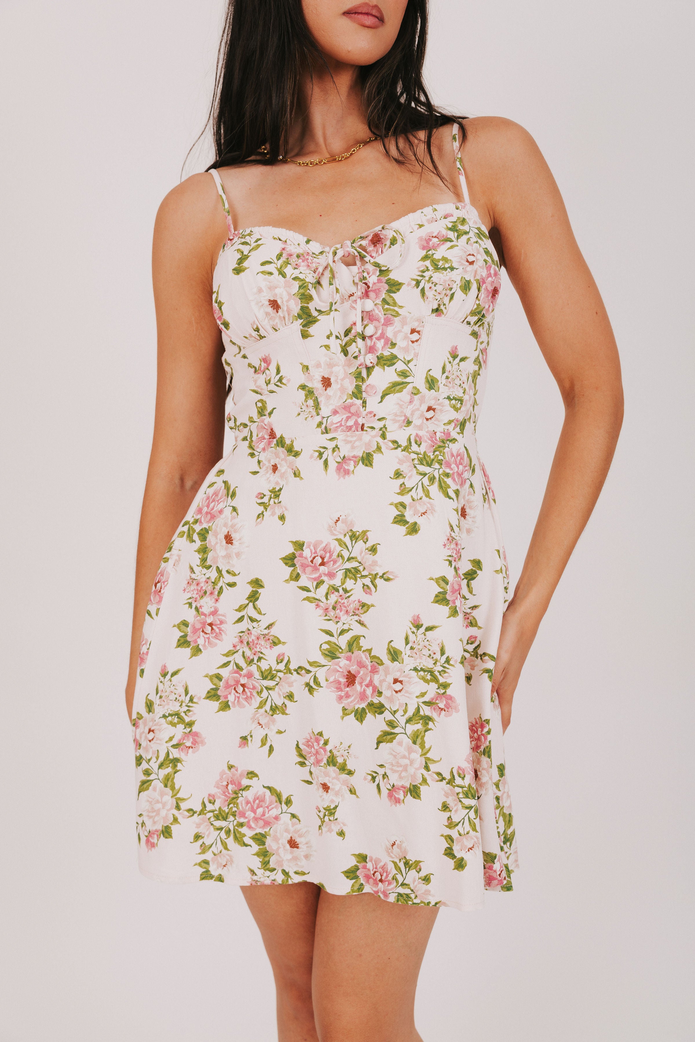 pink floral sweetheart mini dress
