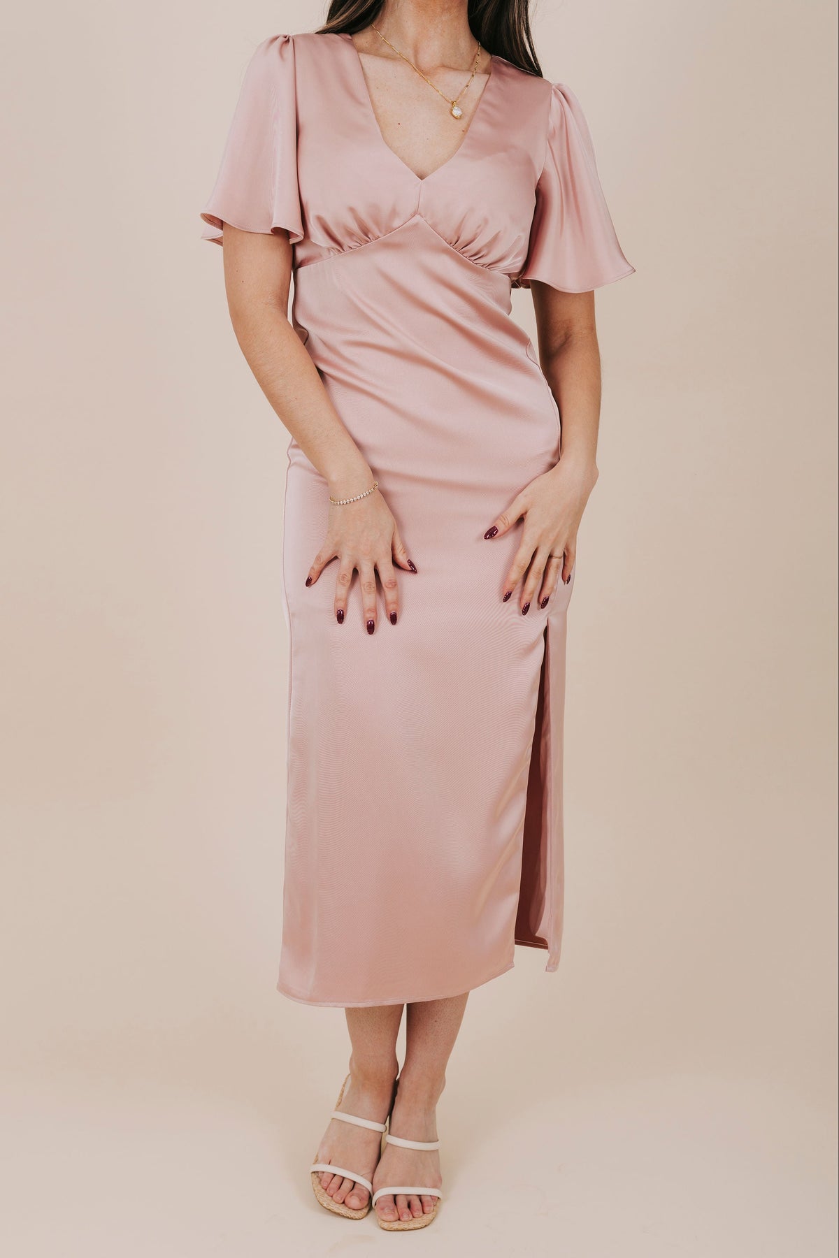 pink flutter sleeve satin slit midi dress front