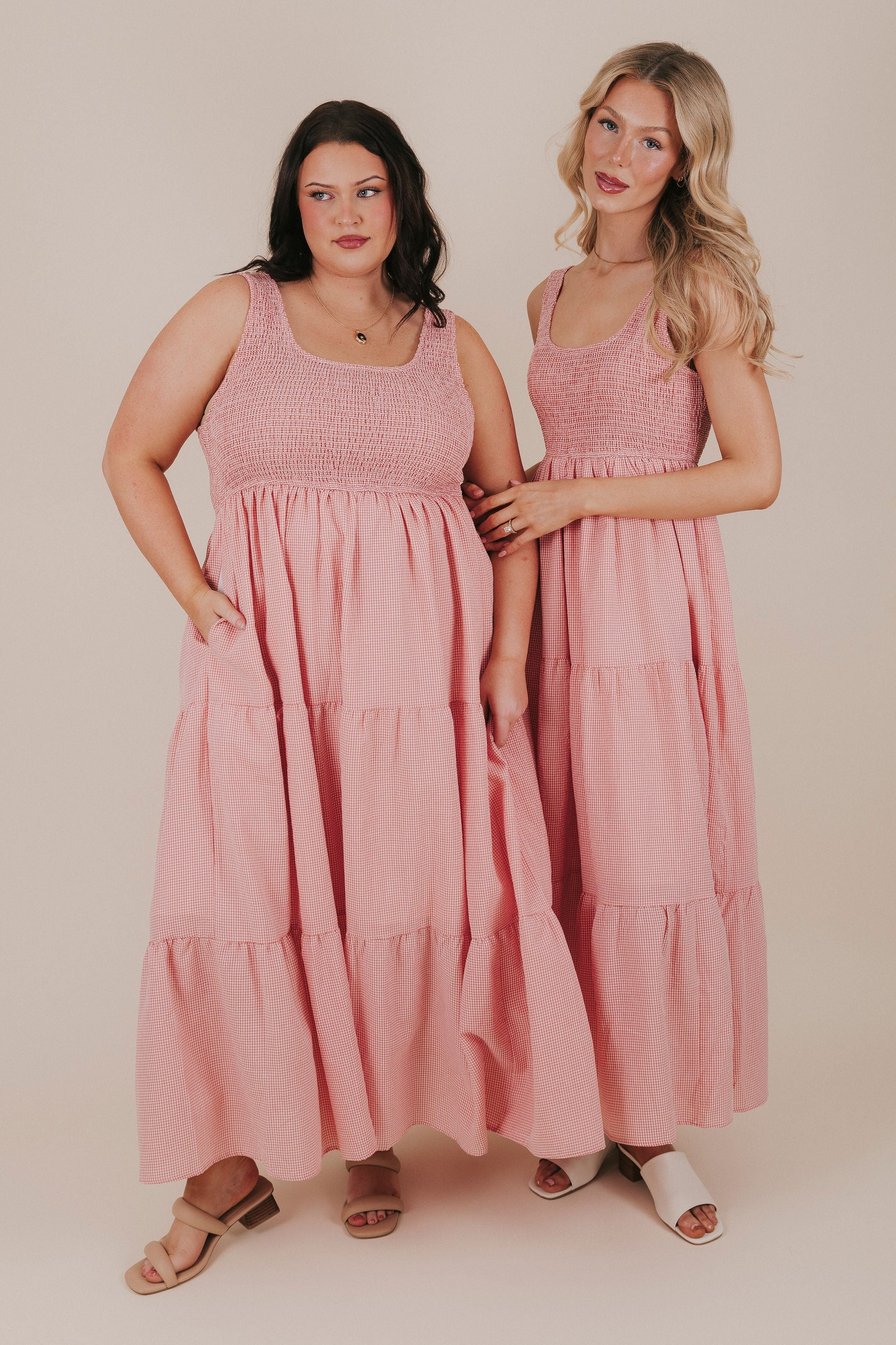 pink gingham shirred sleeveless maxi dress models