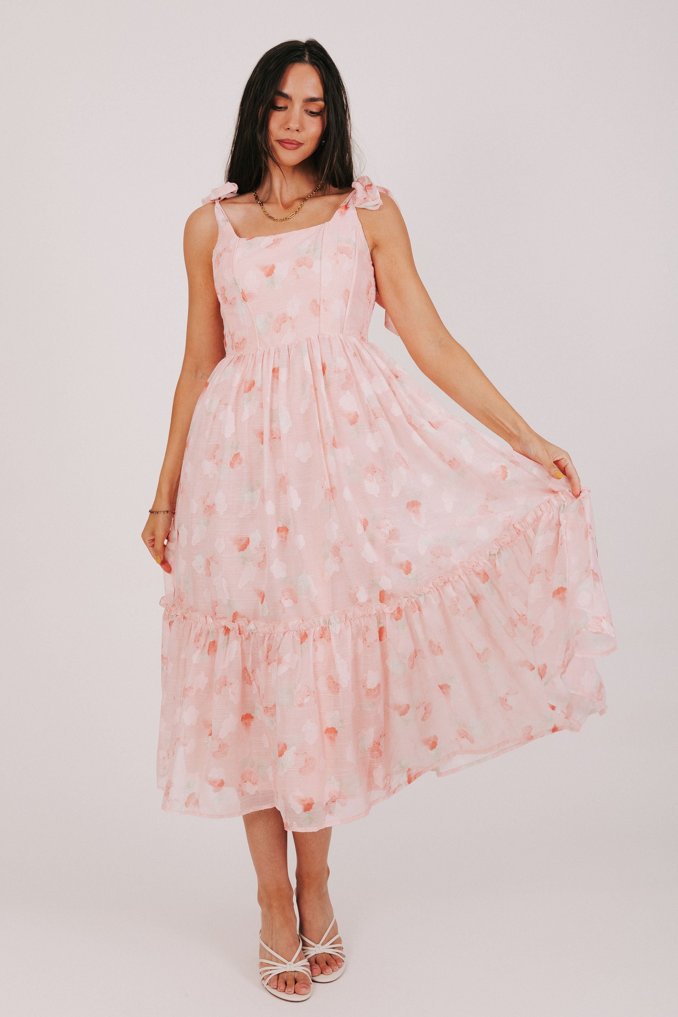 pink midi dress with sheer floral overlay