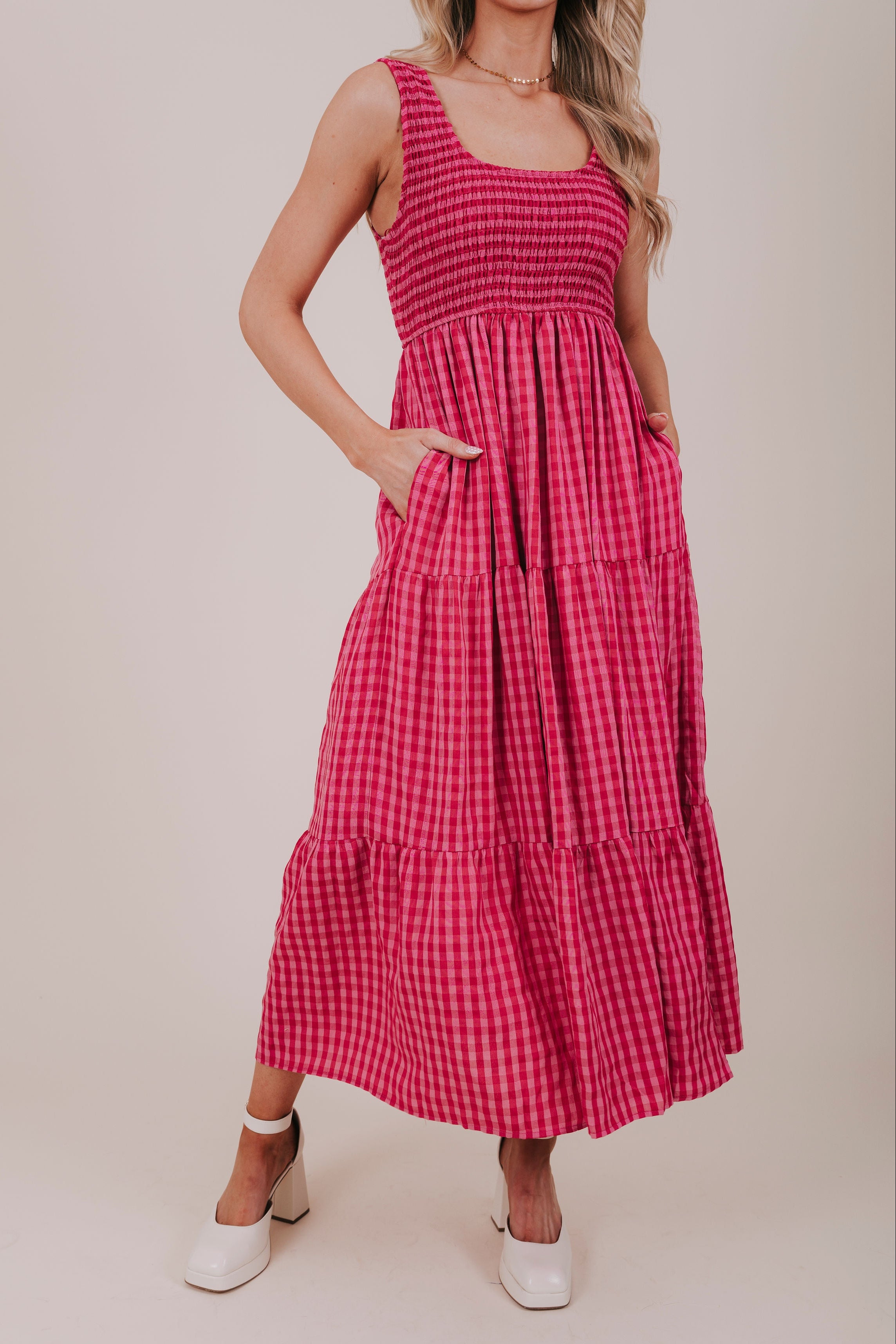 pink shirred gingham maxi dress detail