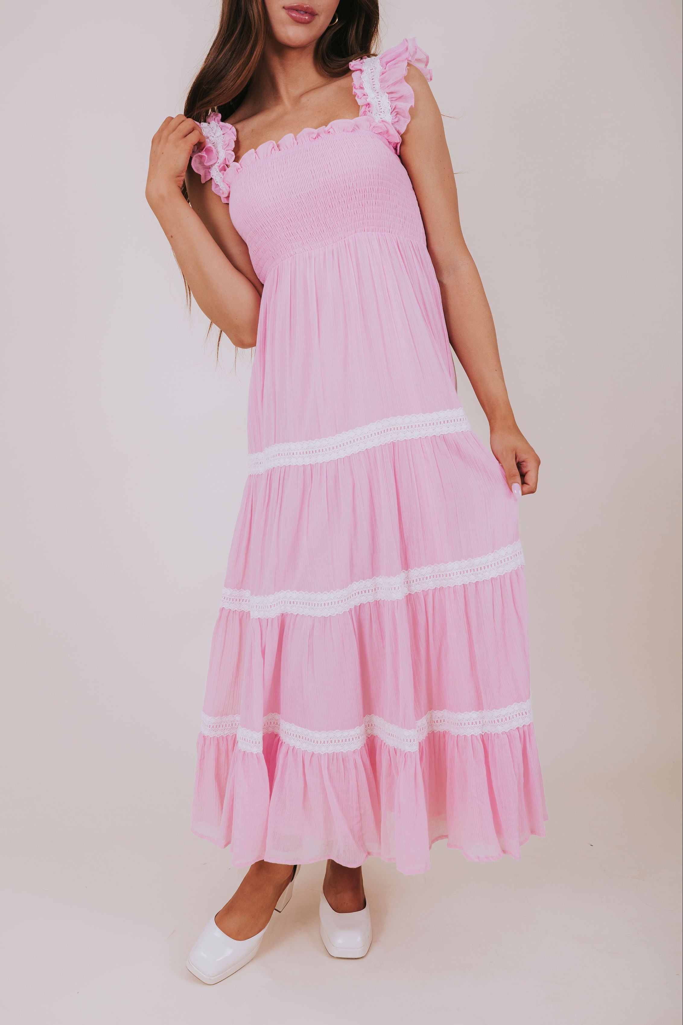 pink tiered smocked maxi front