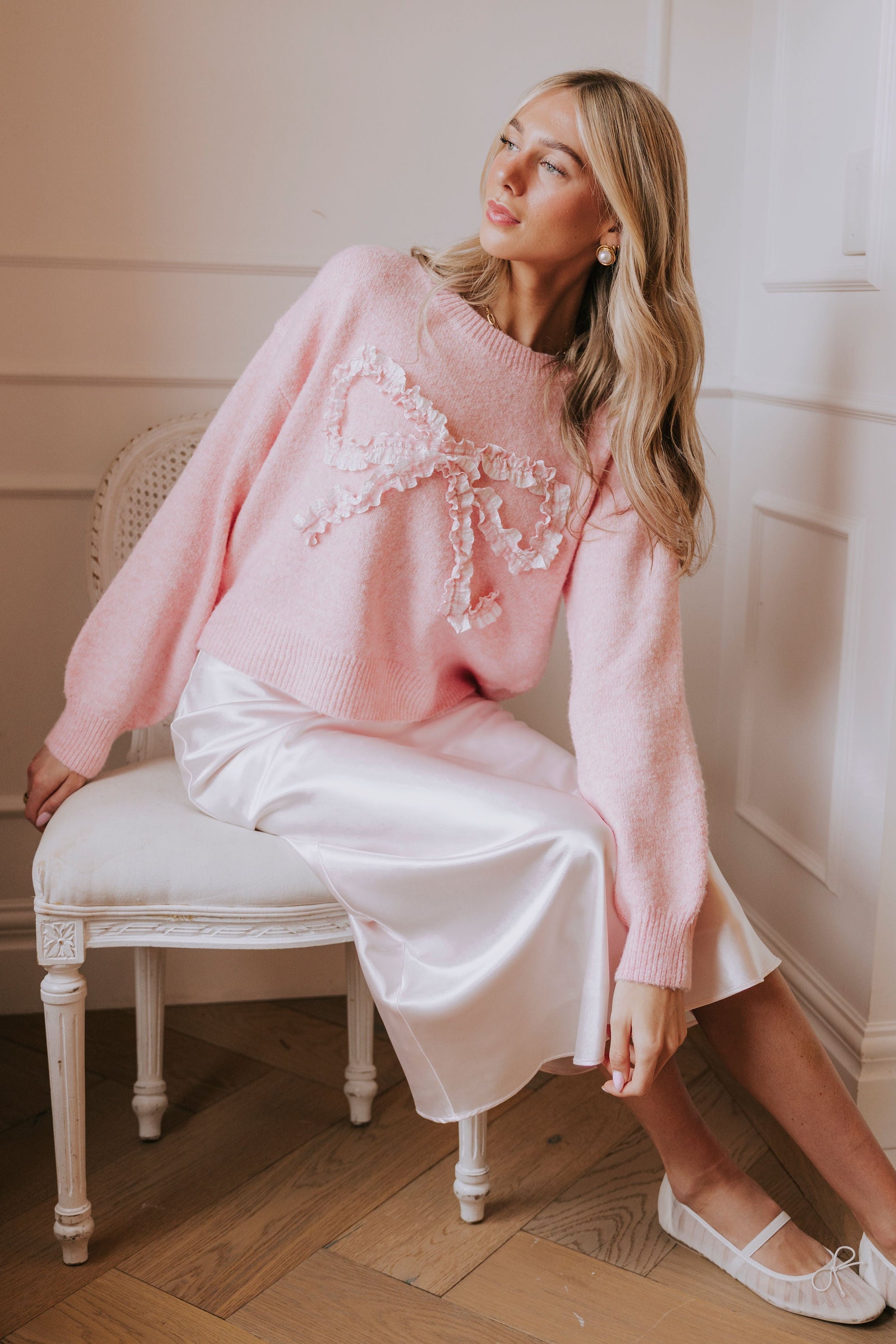 pink plaid ruffle bow sweater lifestyle