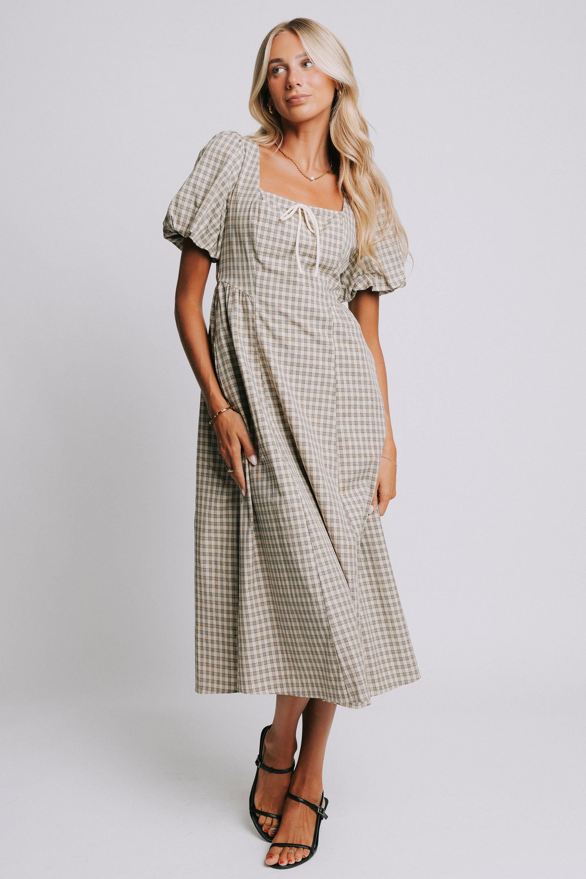 plaid basque waist dress with bow details