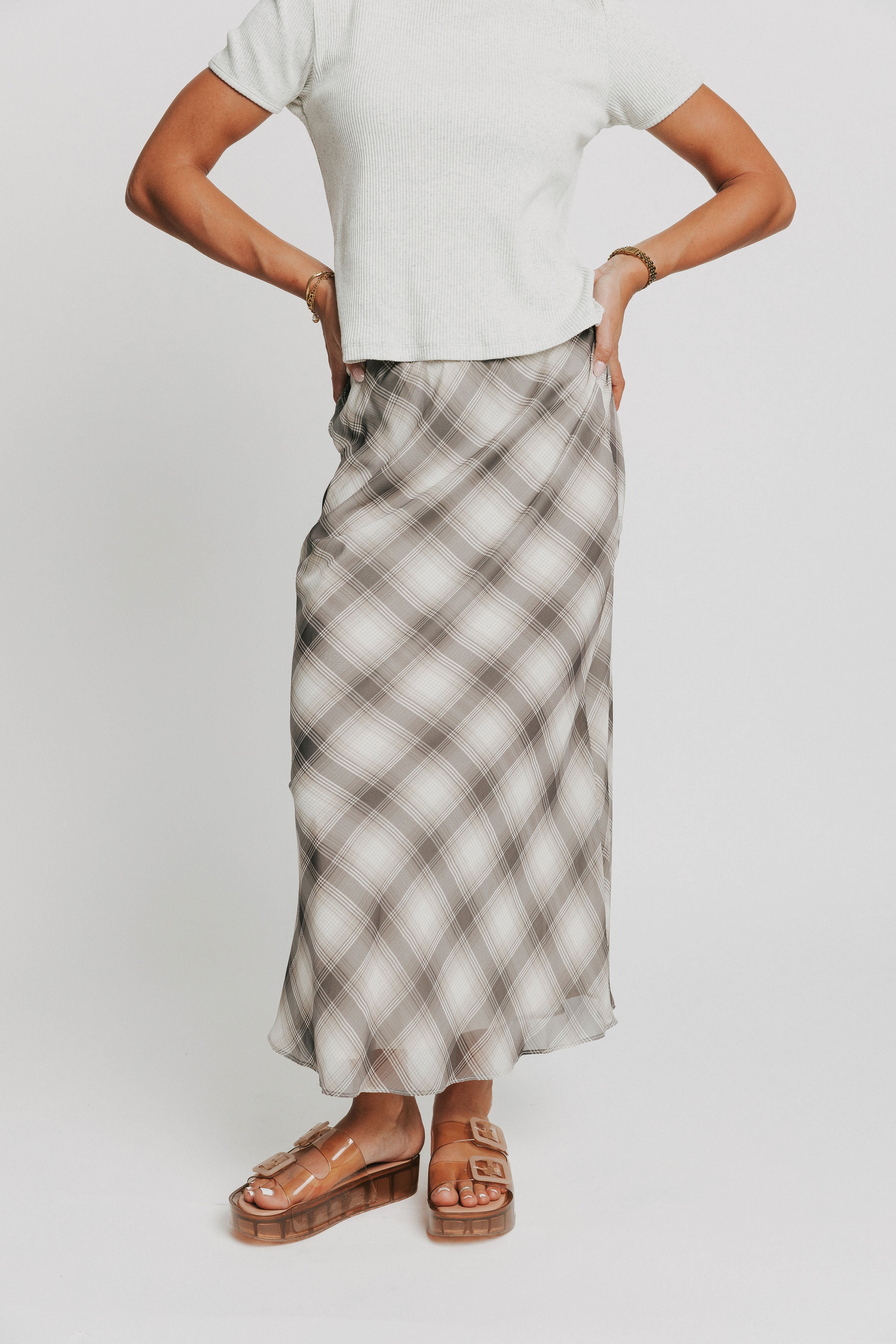 plaid maxi skirt with sheer overlay