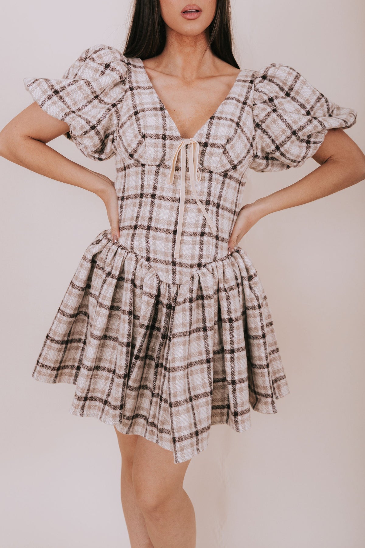 plaid mini tweed puff sleeve dress detail