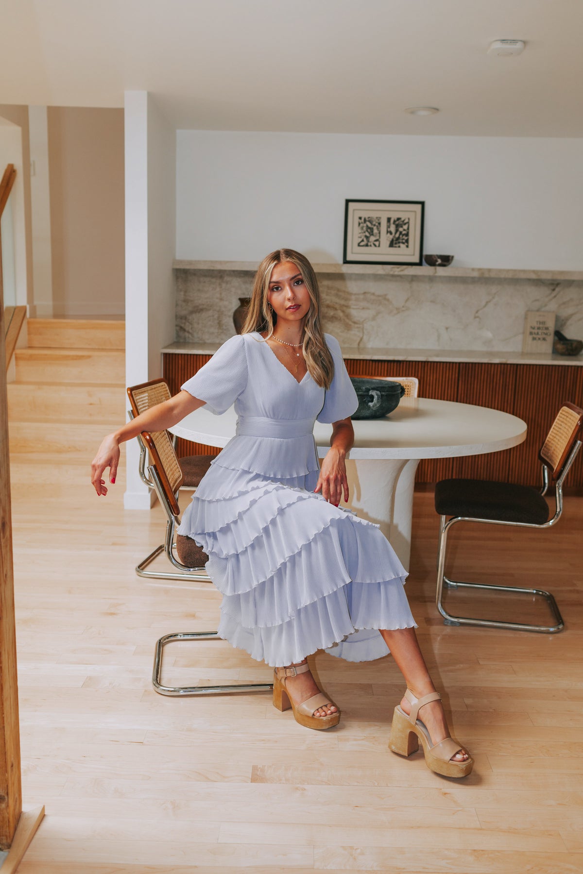 pleated tiered v neck maxi dress with puff sleeves icy blue lifestyle