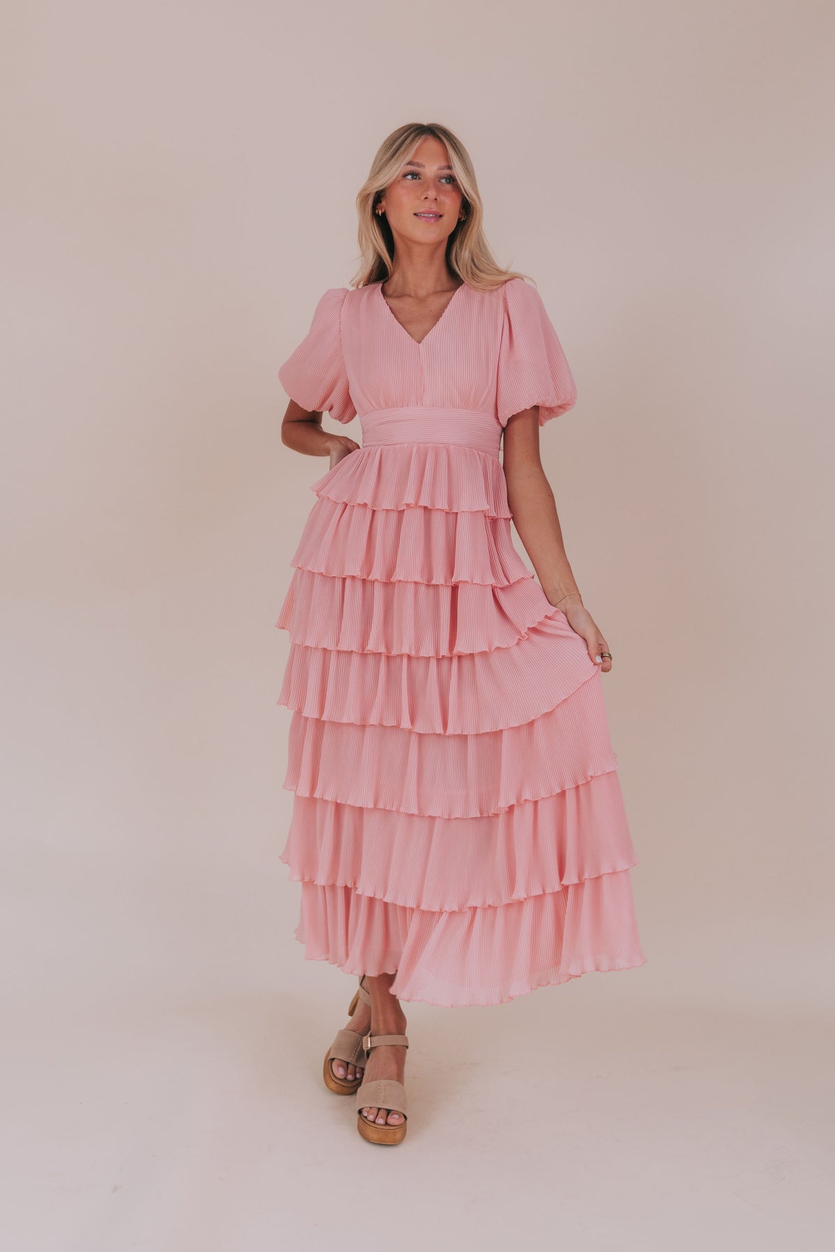 pleated tiered v neck maxi dress with puff sleeves pink