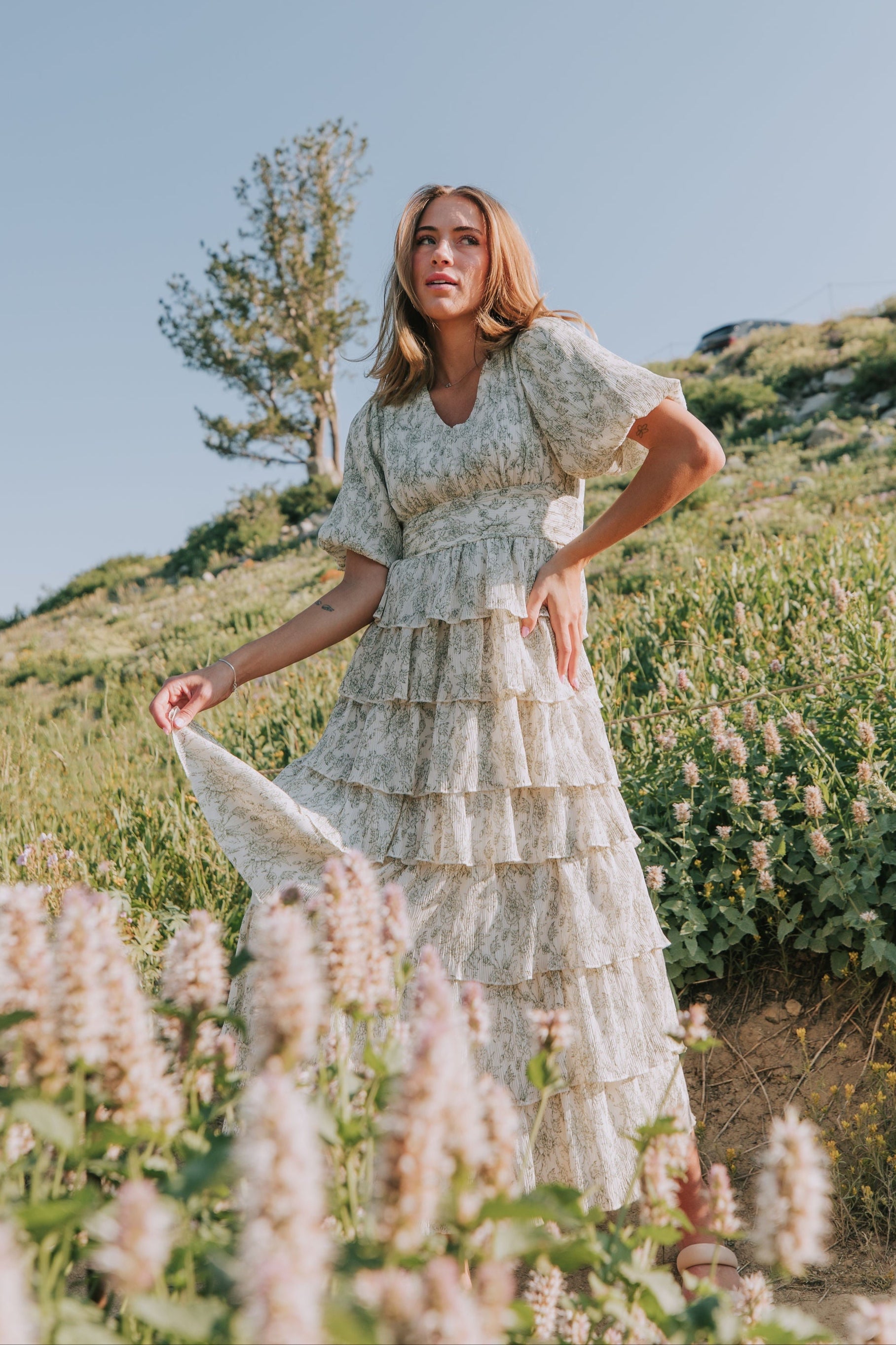 pleated tiered v neck maxi dress with puff sleeves sage floral lifestyle