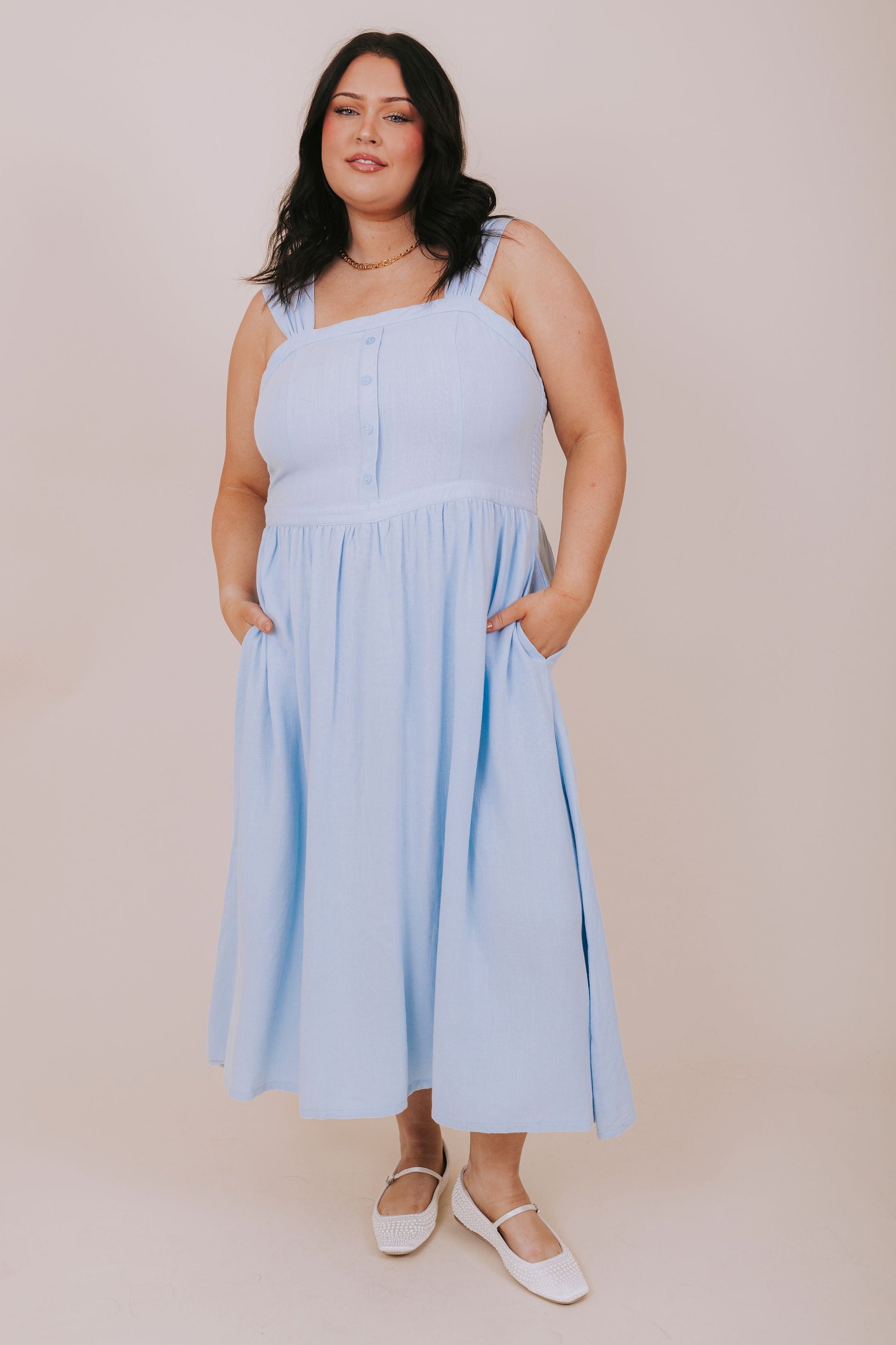 plus size blue button down midi dress full
