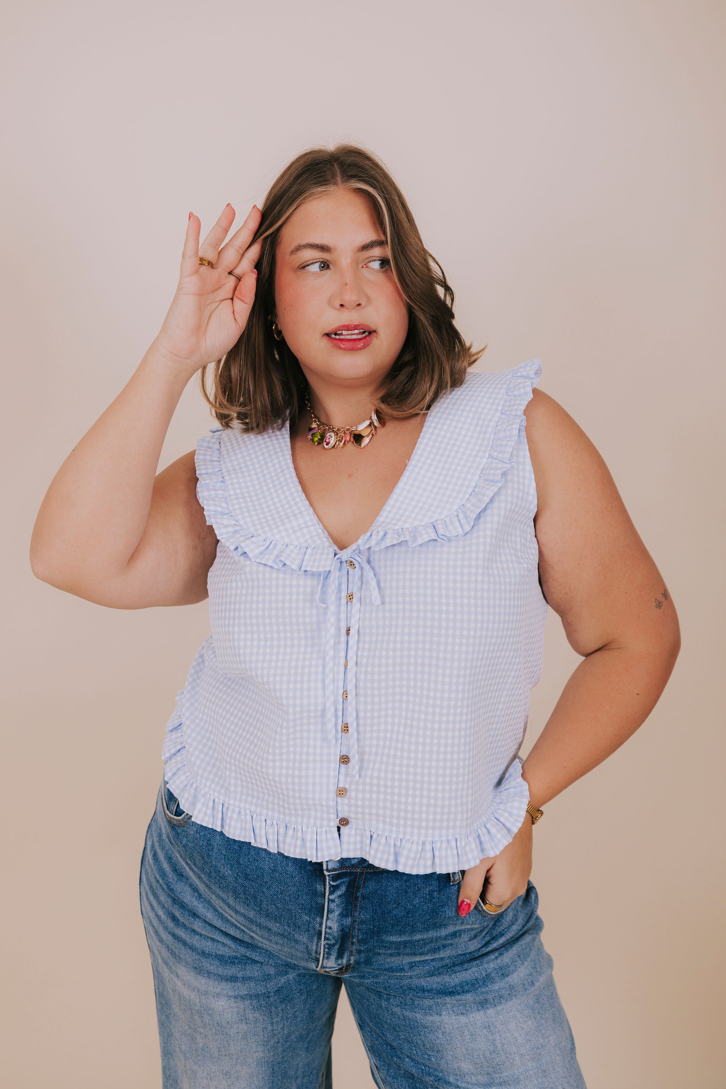 plus size blue gingham ruffled blouse front