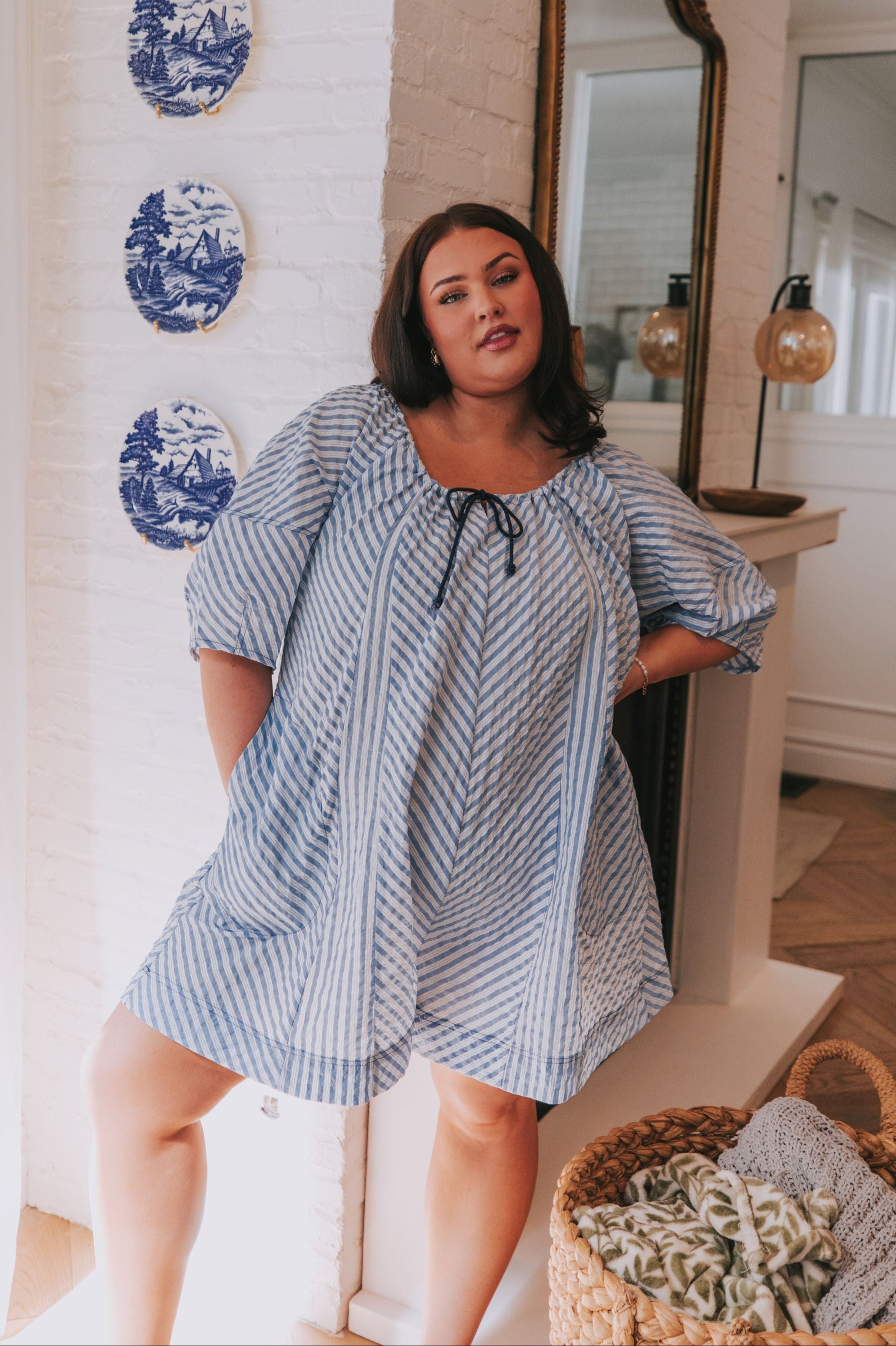 plus size blue stripe romper model
