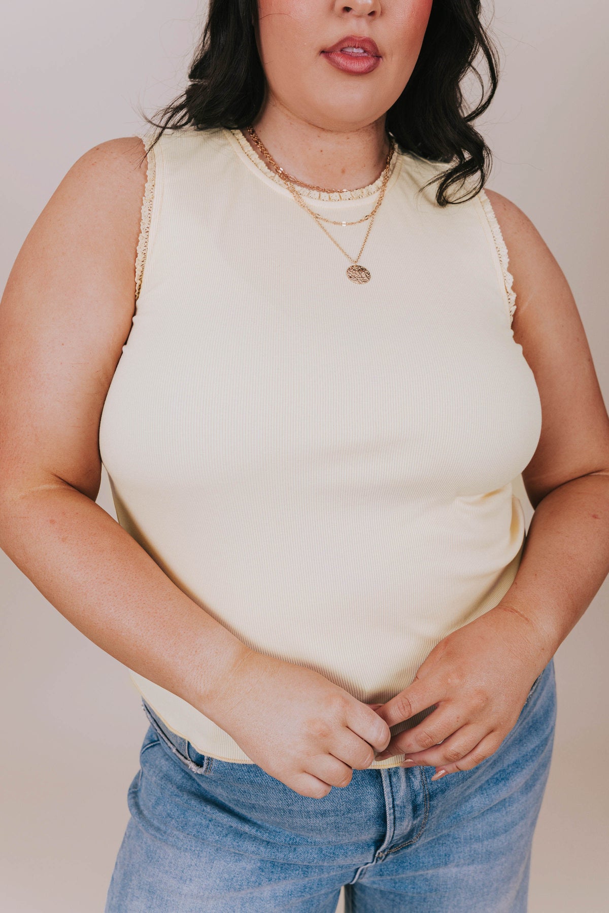 plus size butter yellow ruffle tank detail