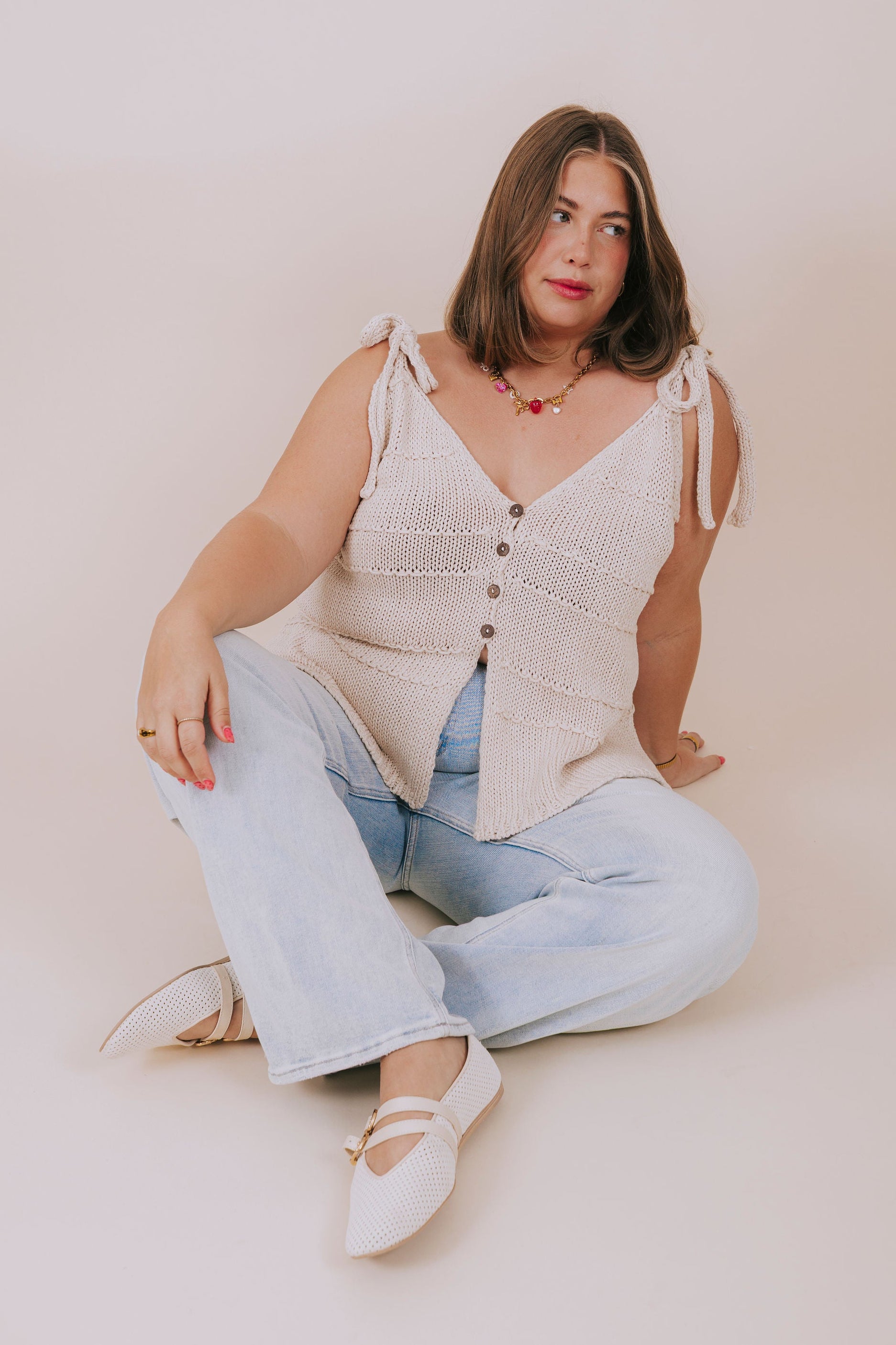 plus size cream knit tie strap top pose