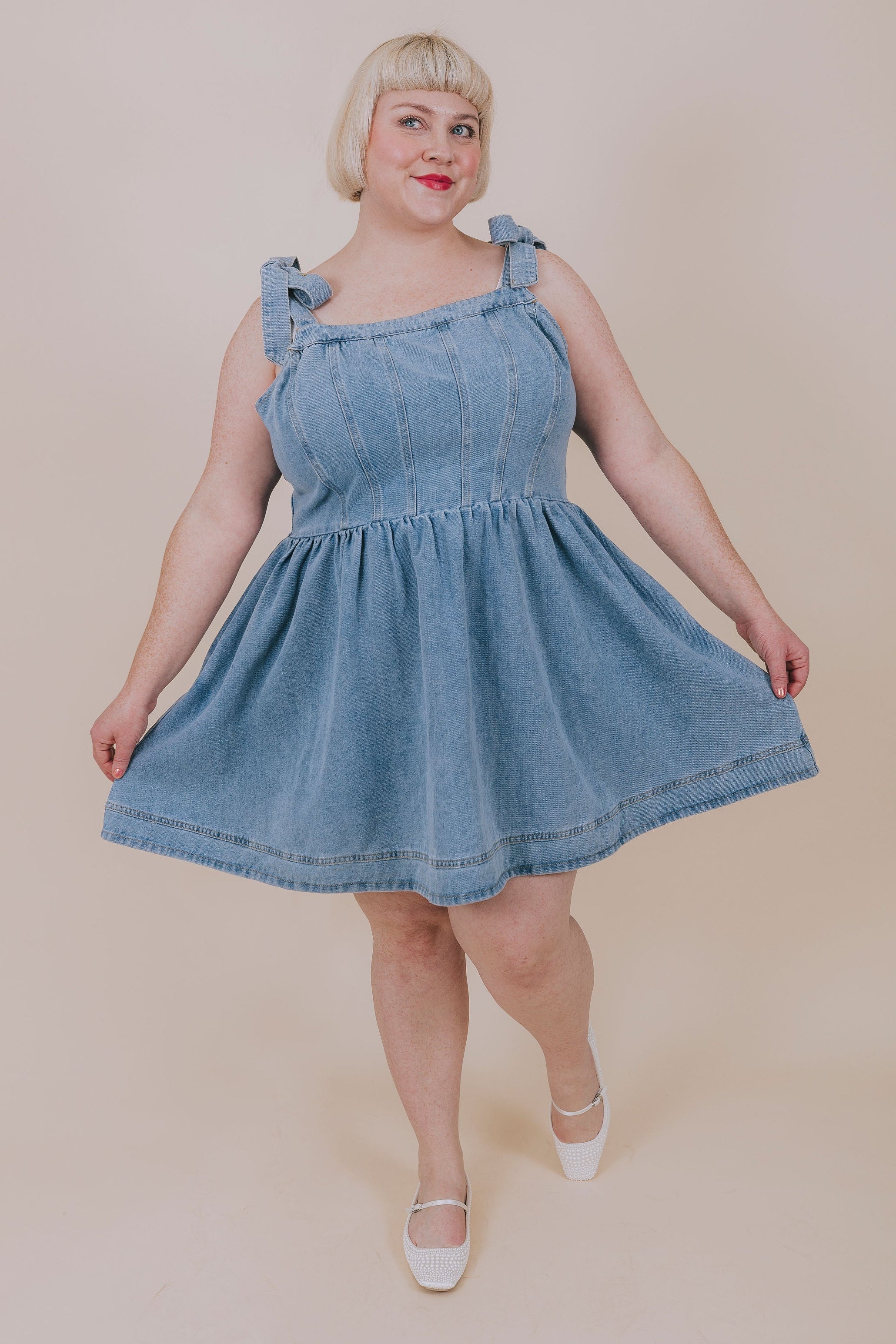 plus size denim bow dress full