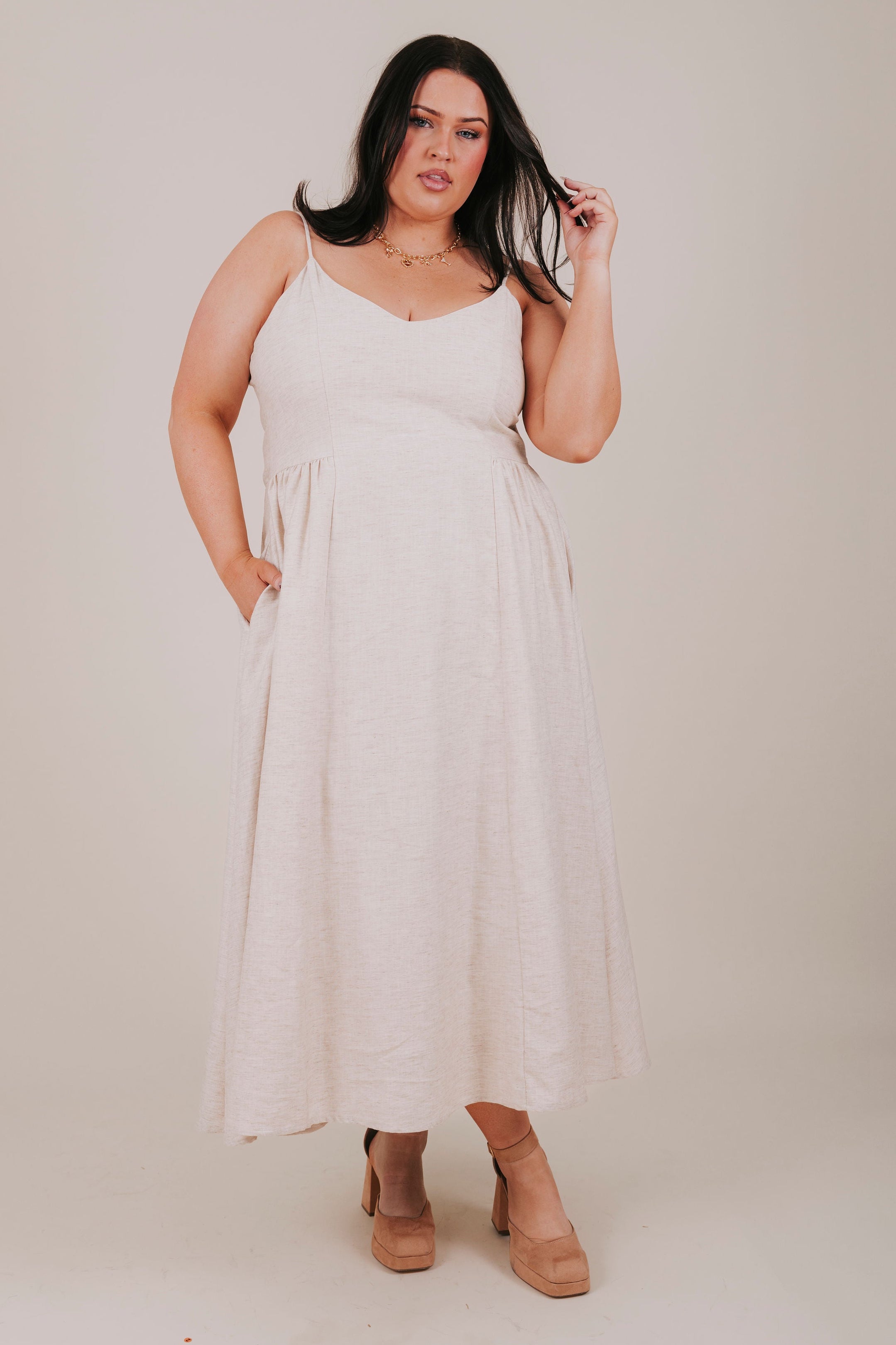 plus size ivory heather spaghetti strap midi dress full