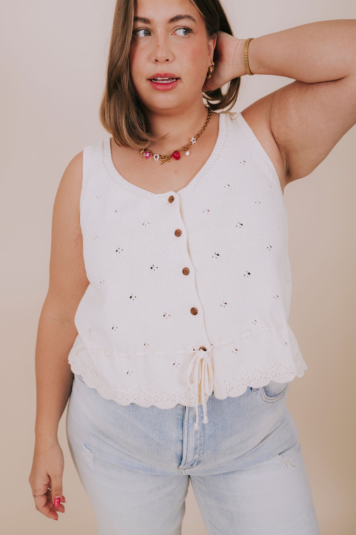 plus size ivory pointelle drawstring top detail