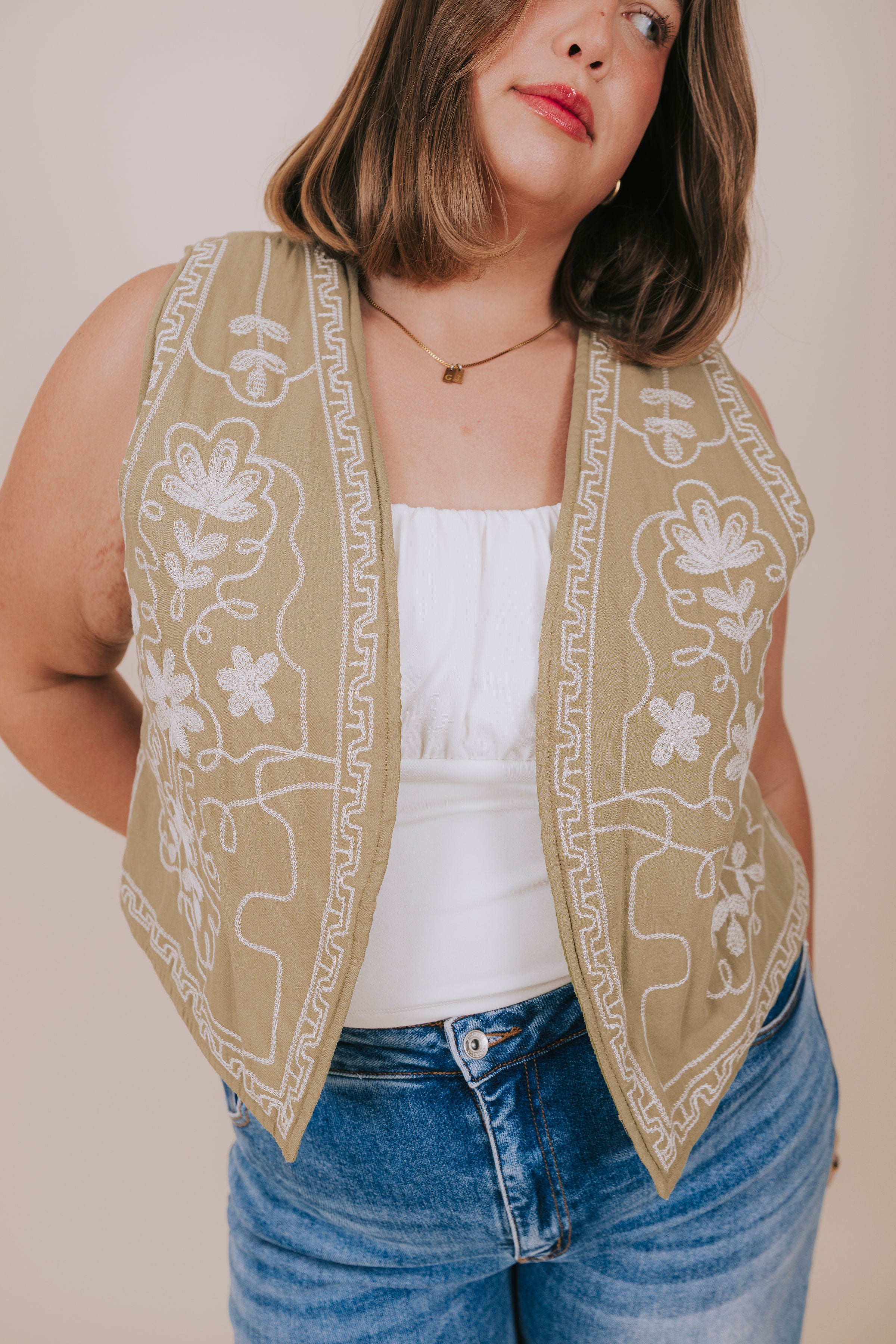 plus size olive green embroidered vest detail