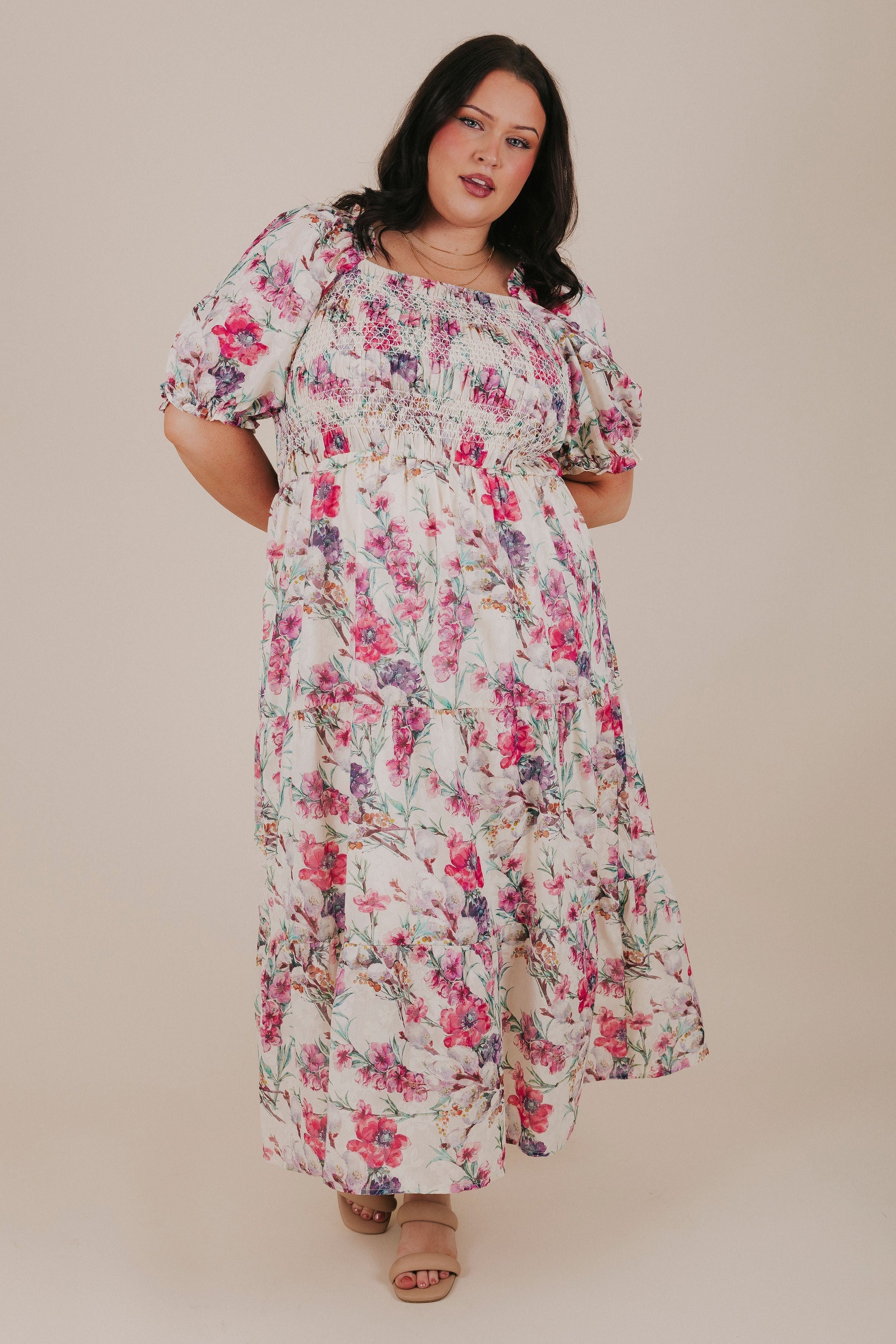 plus size pink and purple floral midi dress full