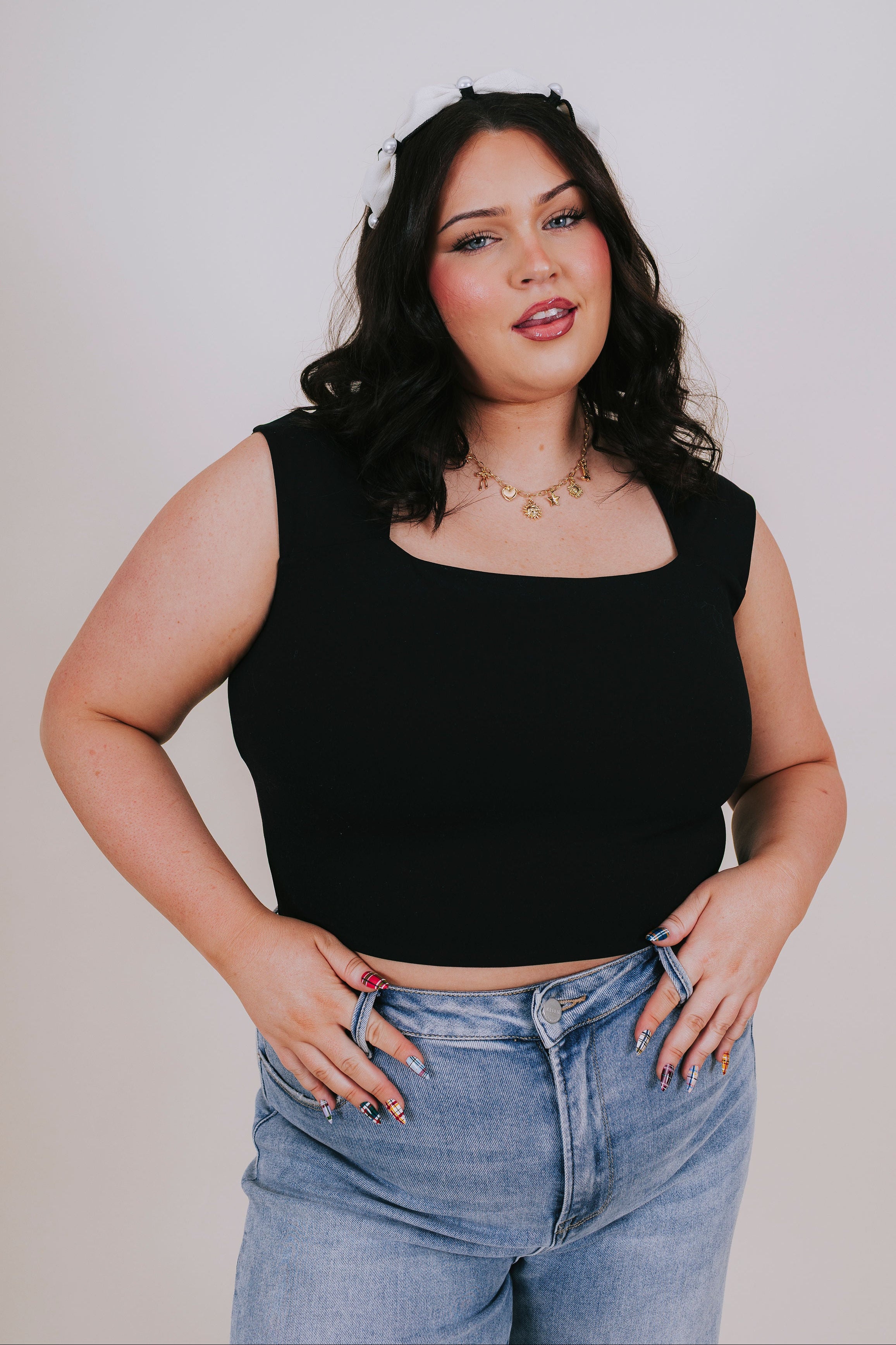 plus size square neckline black top front