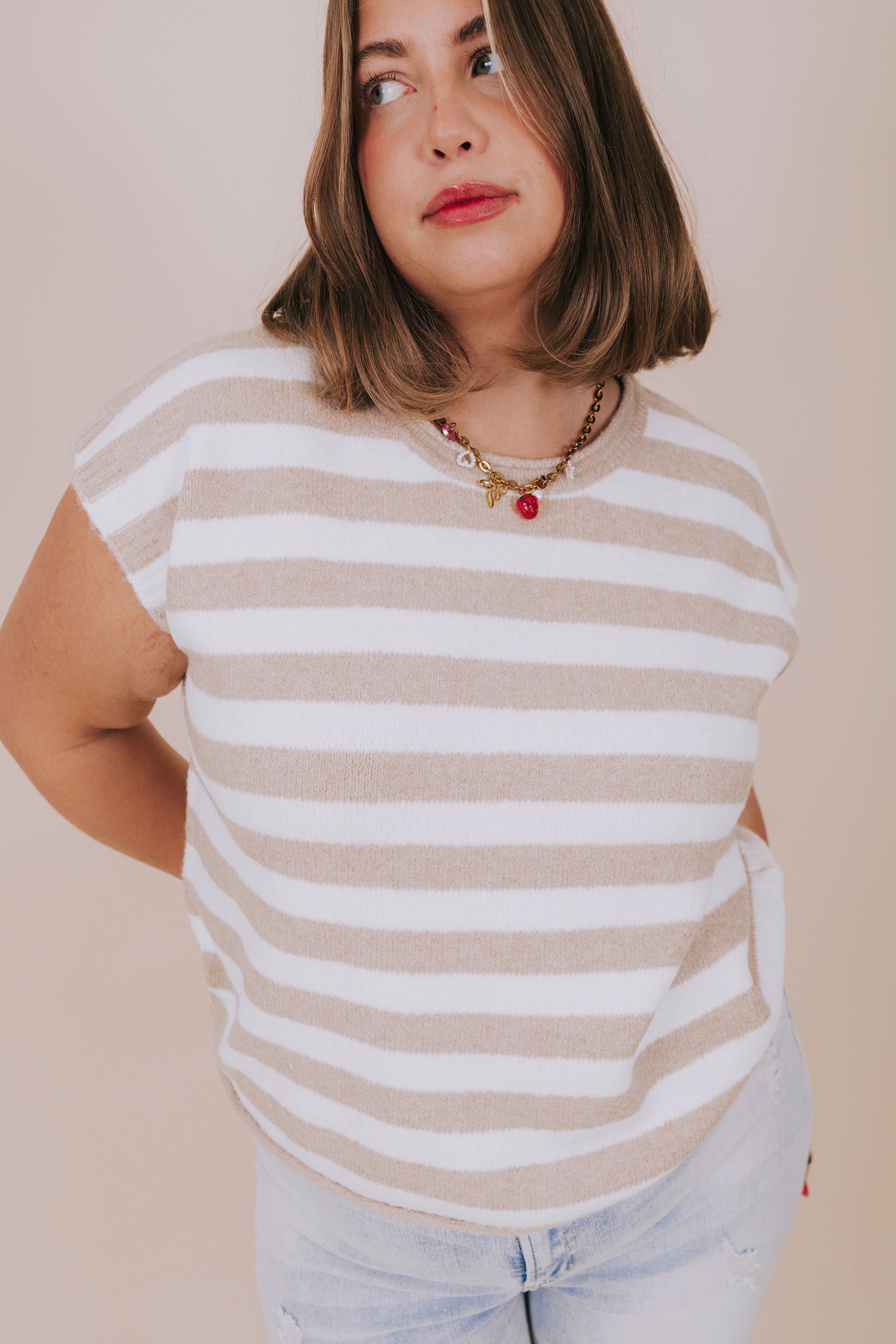 plus size stone striped knit sleeveless top front