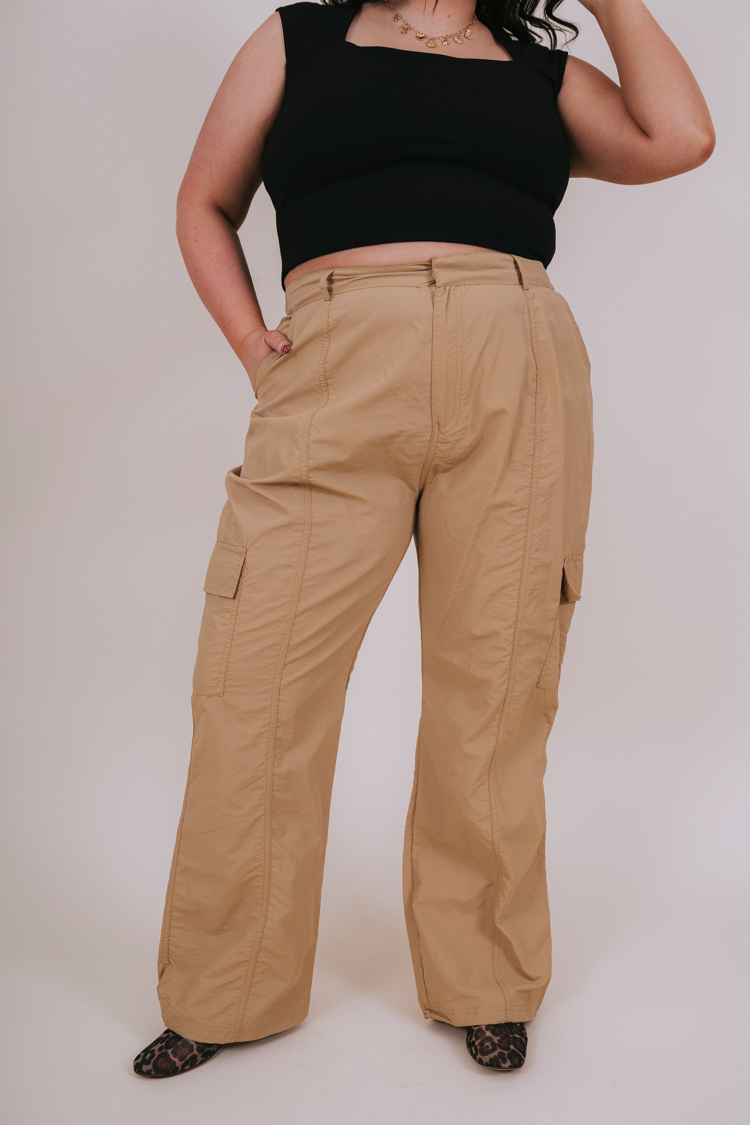 plus size tan high waist cargo pant front