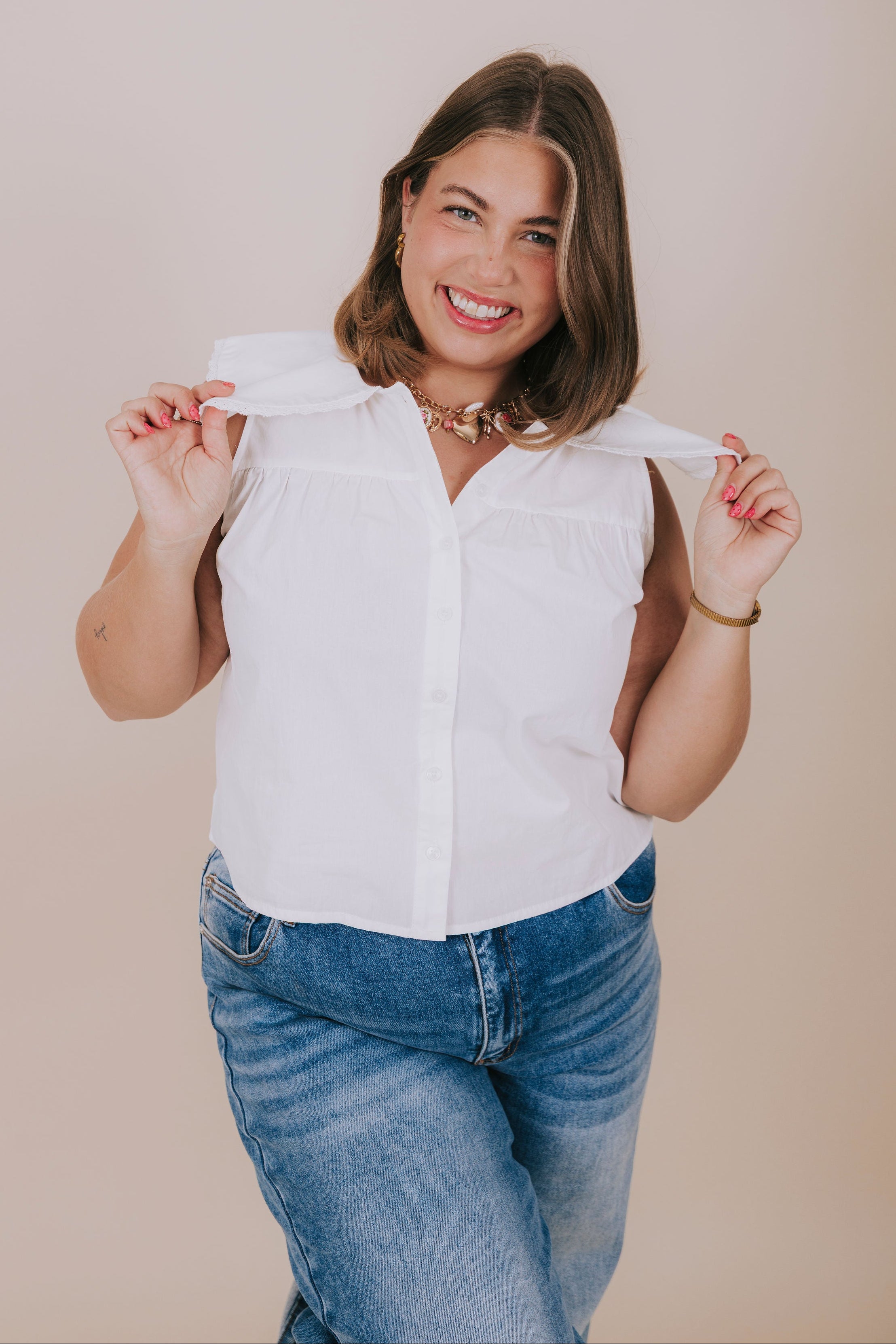 plus size white pan collar button up top front pose