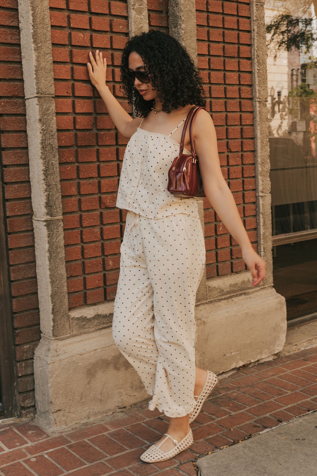 polka dot pants with ruffled trim and elastic waistband lifestyle