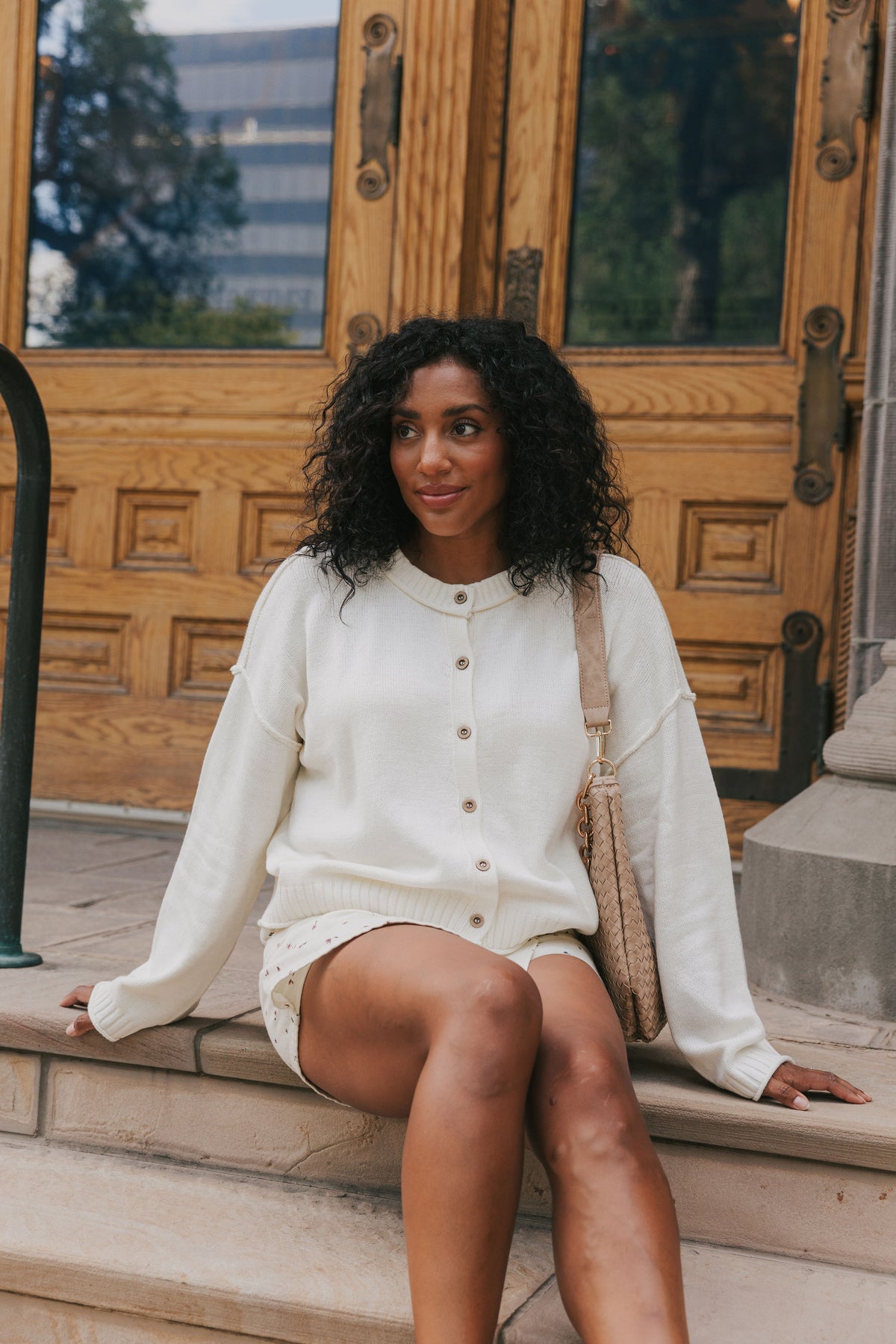 raw seam button down cardigan lifestyle