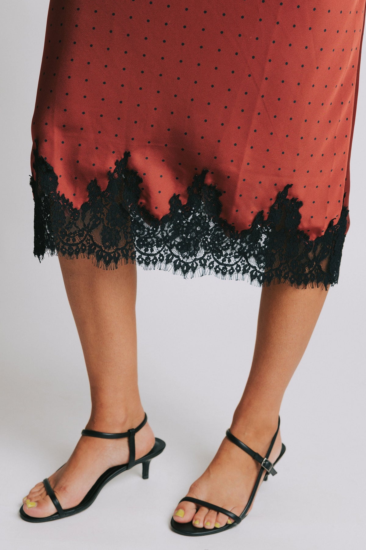 red and black polka dot midi skirt with lace