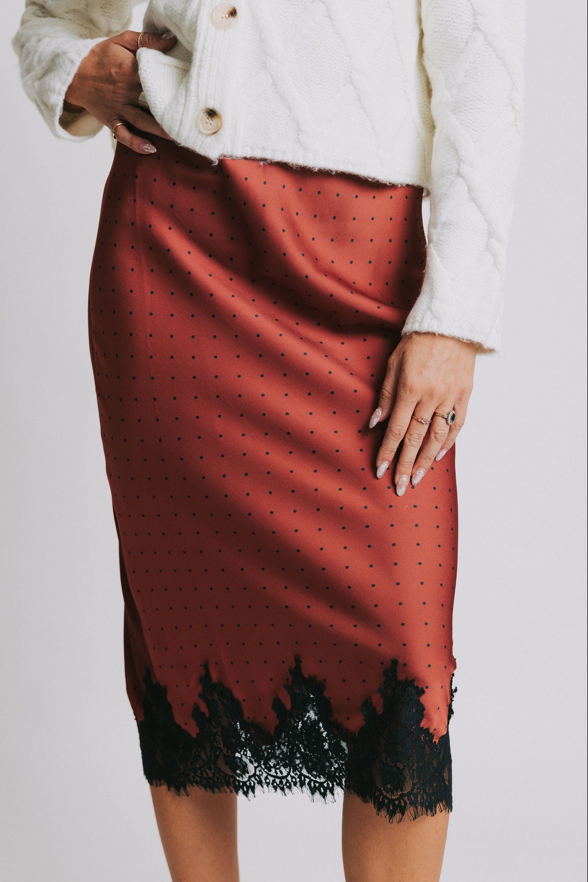 red and black polka dot midi skirt with lace