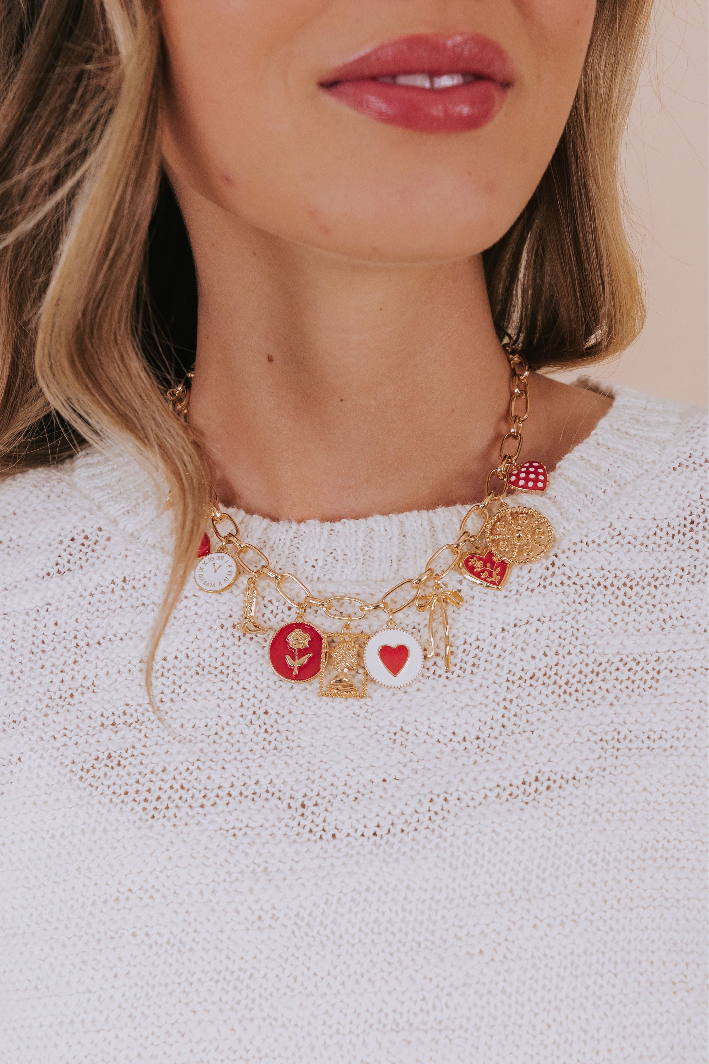 chunky charm necklace red white and gold with hearts and flowers