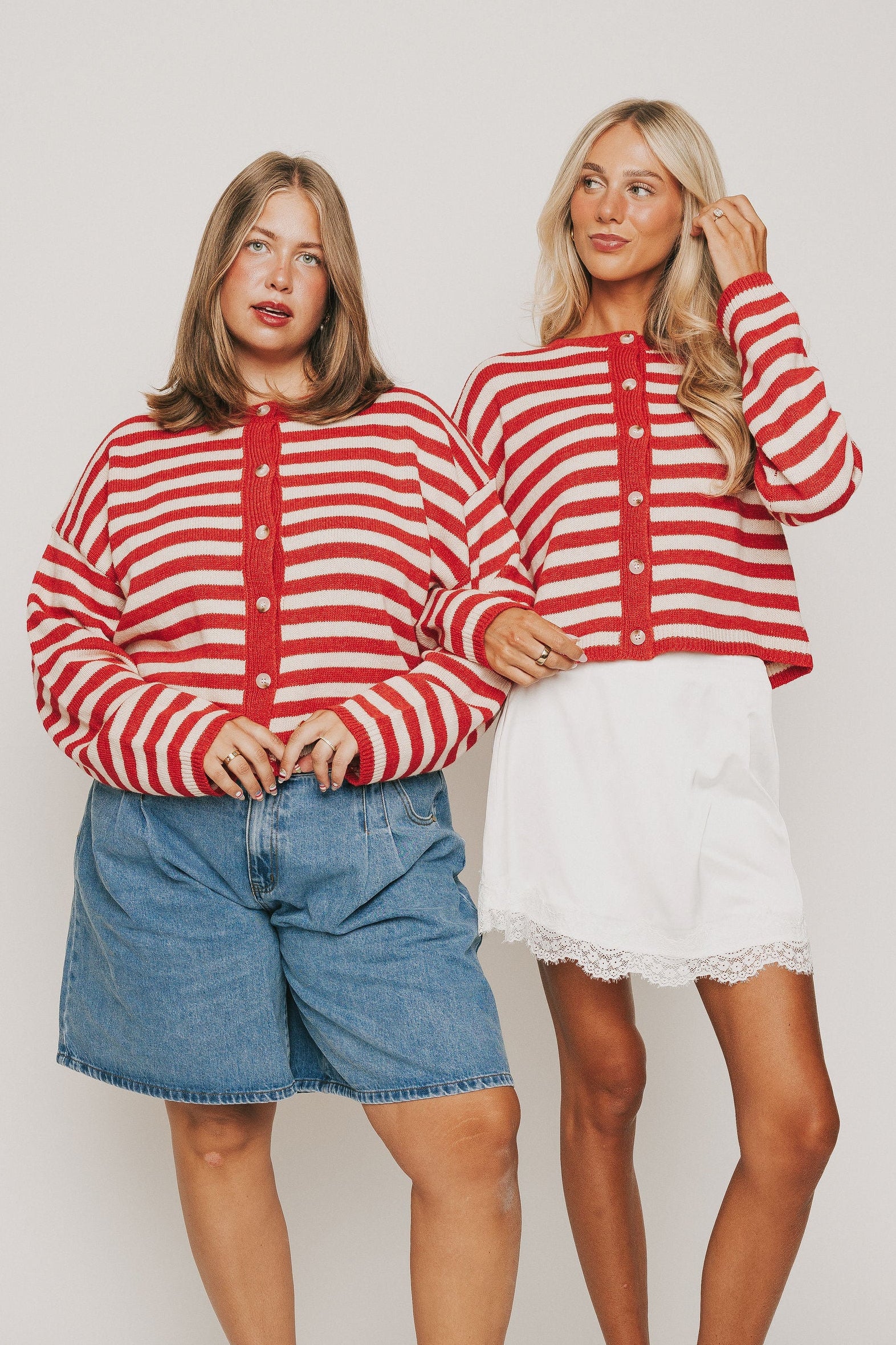 red and white long sleeve striped cardigan with buttons models full