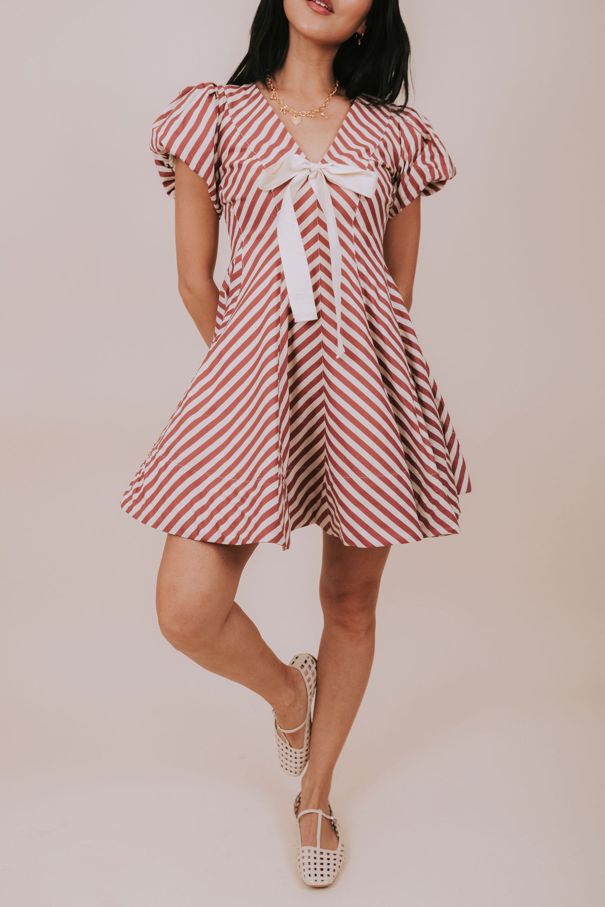 red and white stripe full skirt mini dress front