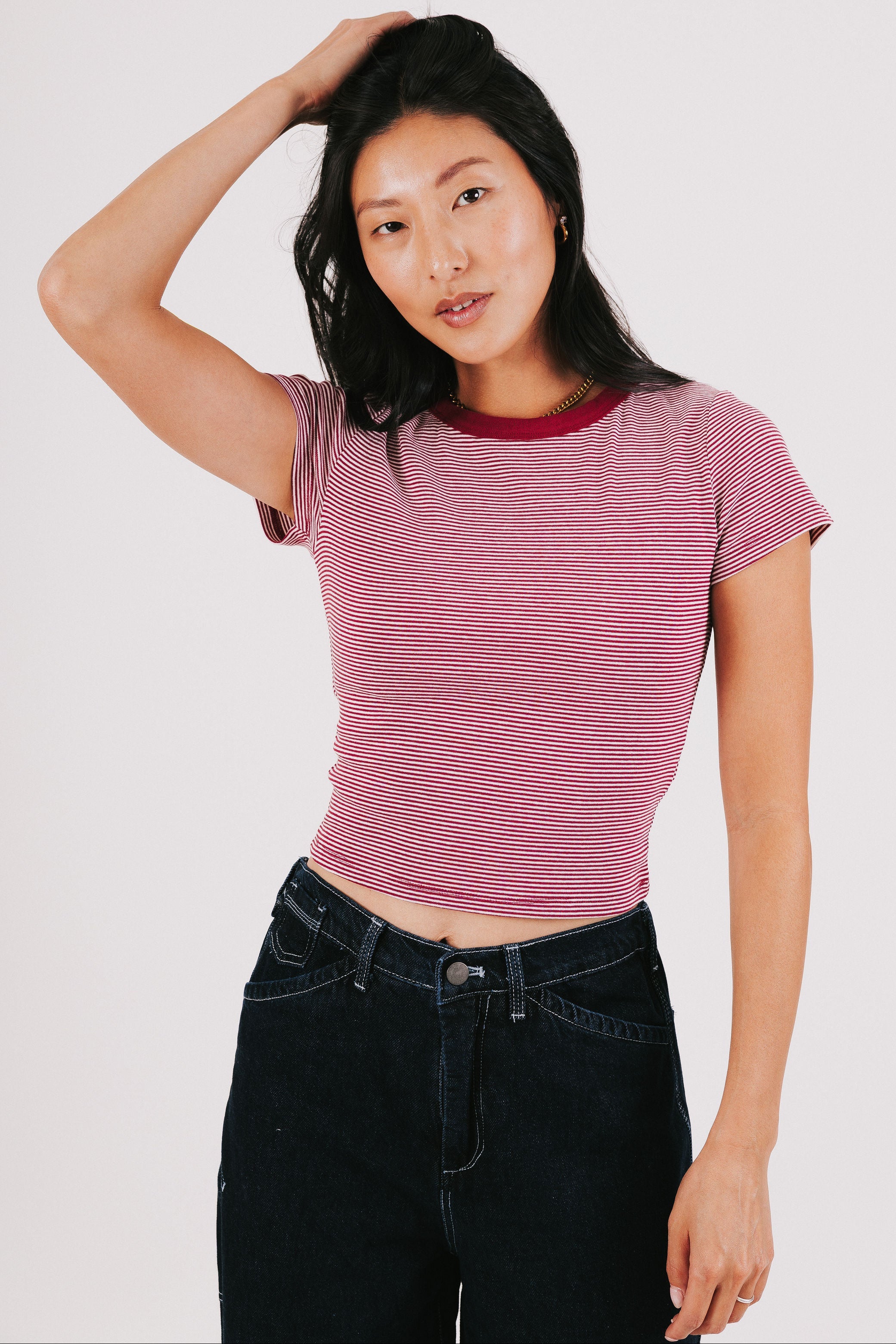 red ad white striped crew neck tee