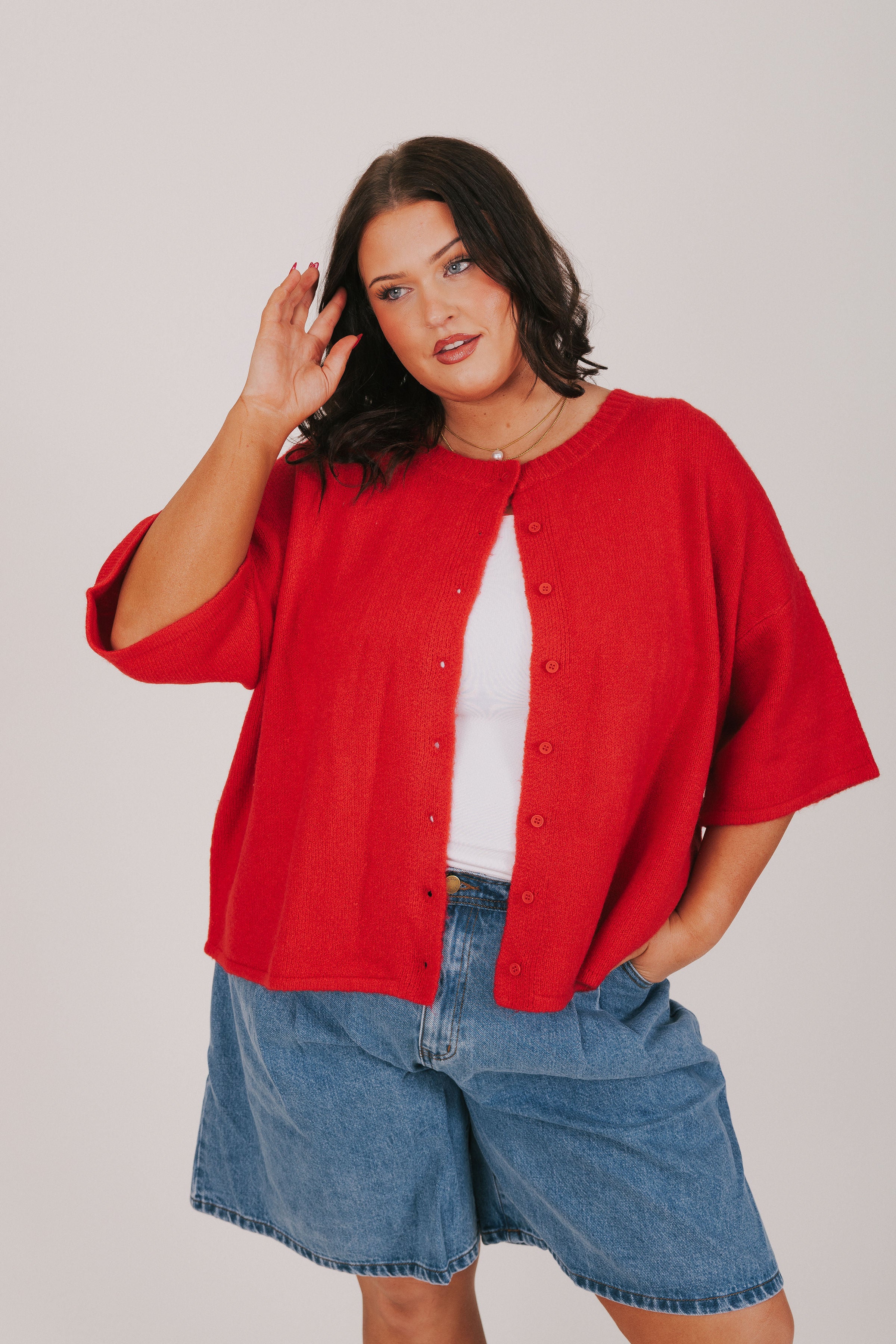 red button down short sleeve cardigan