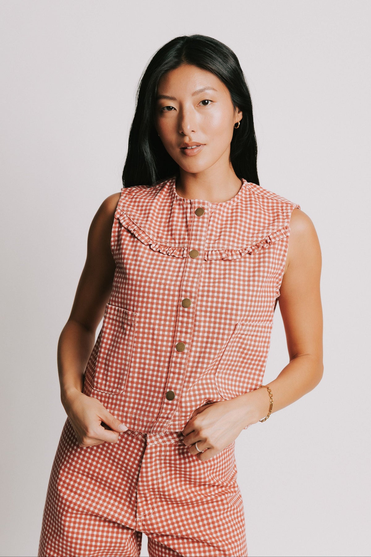 red gingham button down vest with pockets