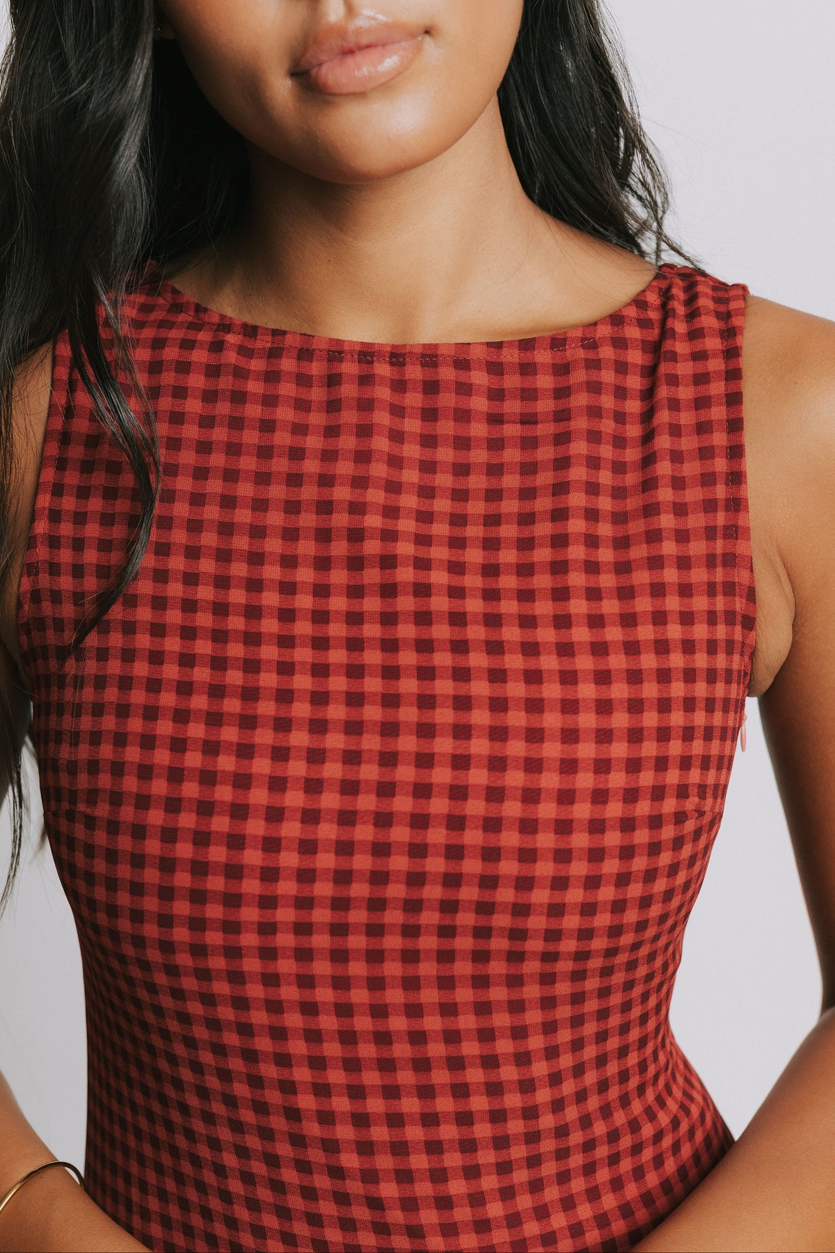 red gingham sleeveless maxi dress with ruffle trim front