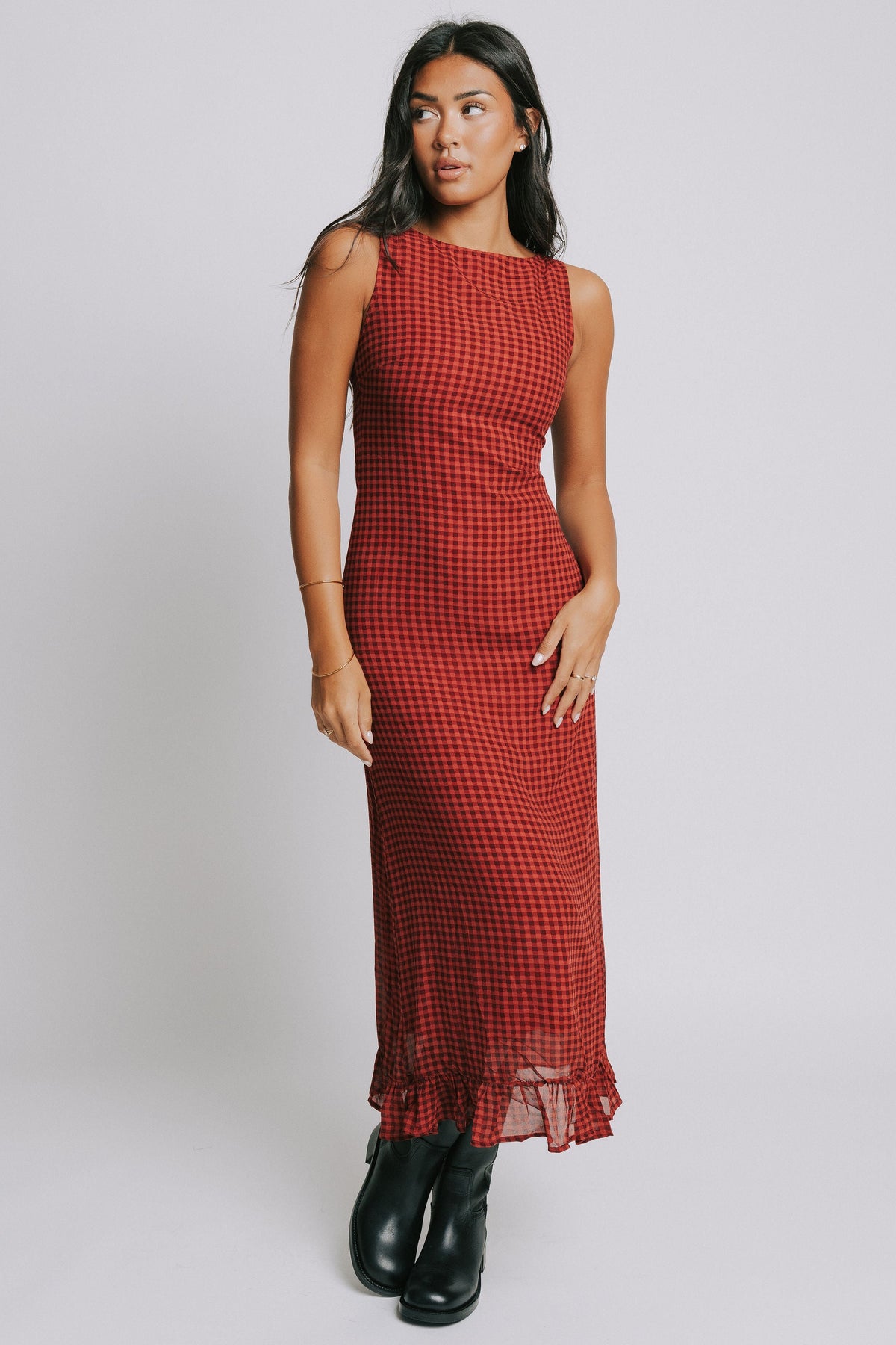 red gingham sleeveless maxi dress with ruffle trim