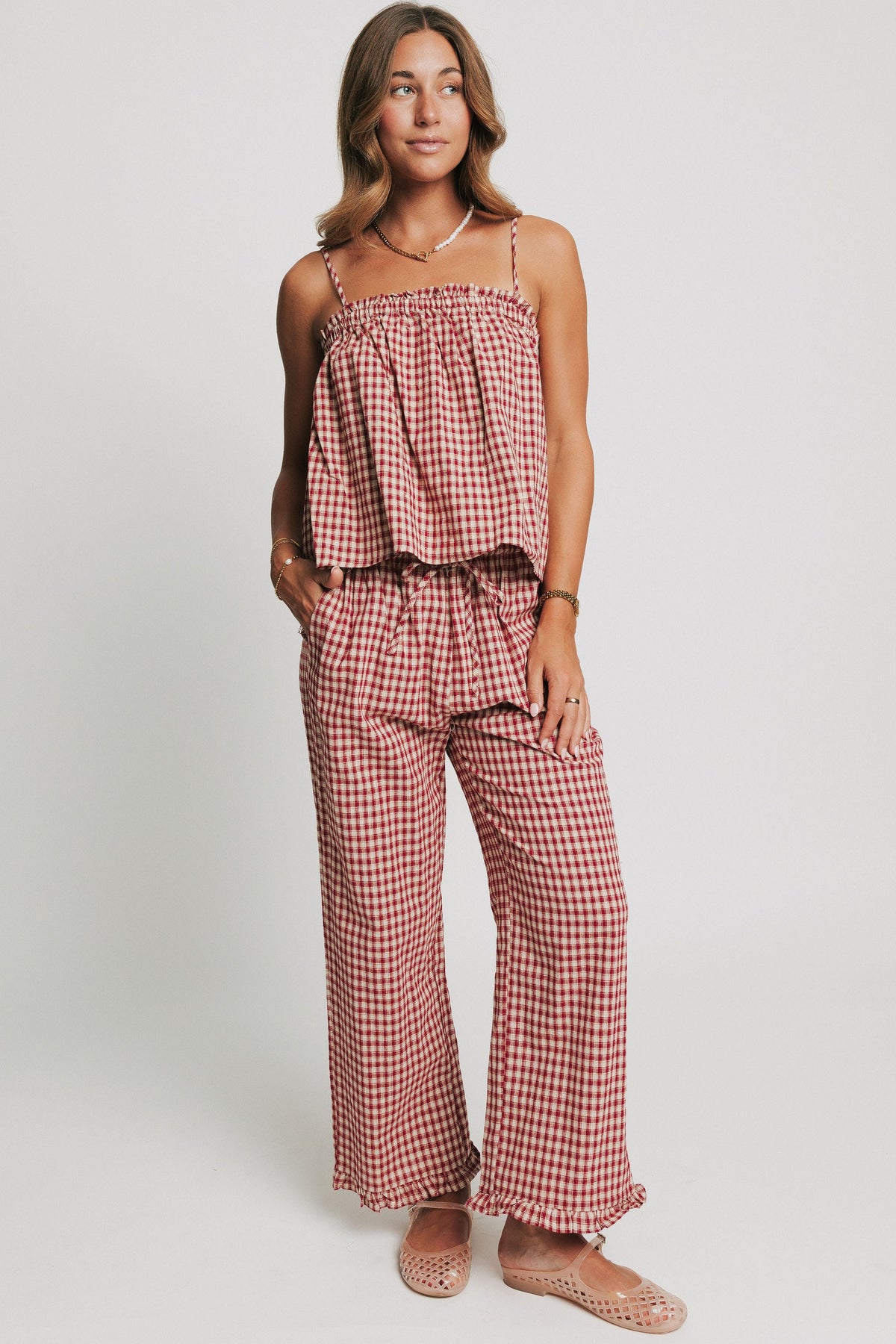 red plaid tank and pants set