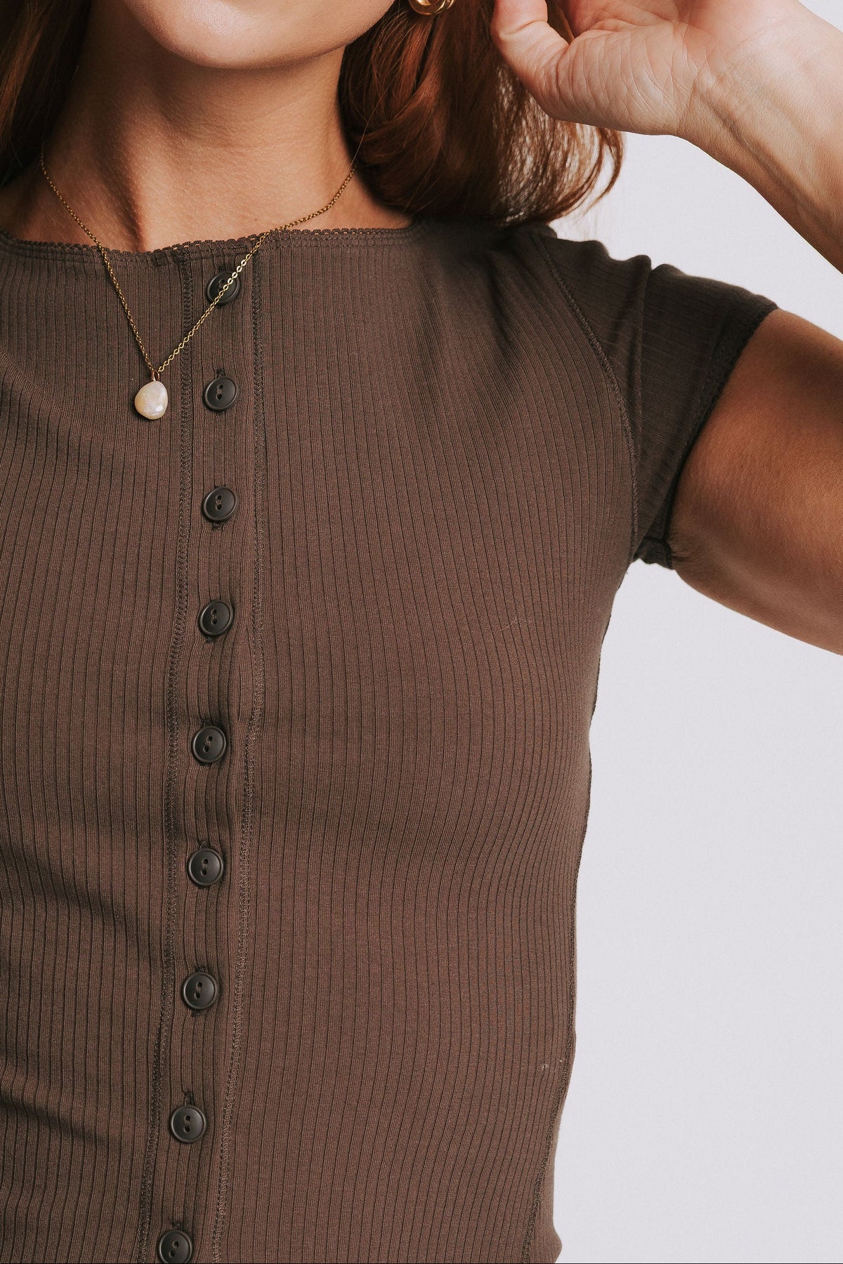 ribbed button down top with picot trim brown close
