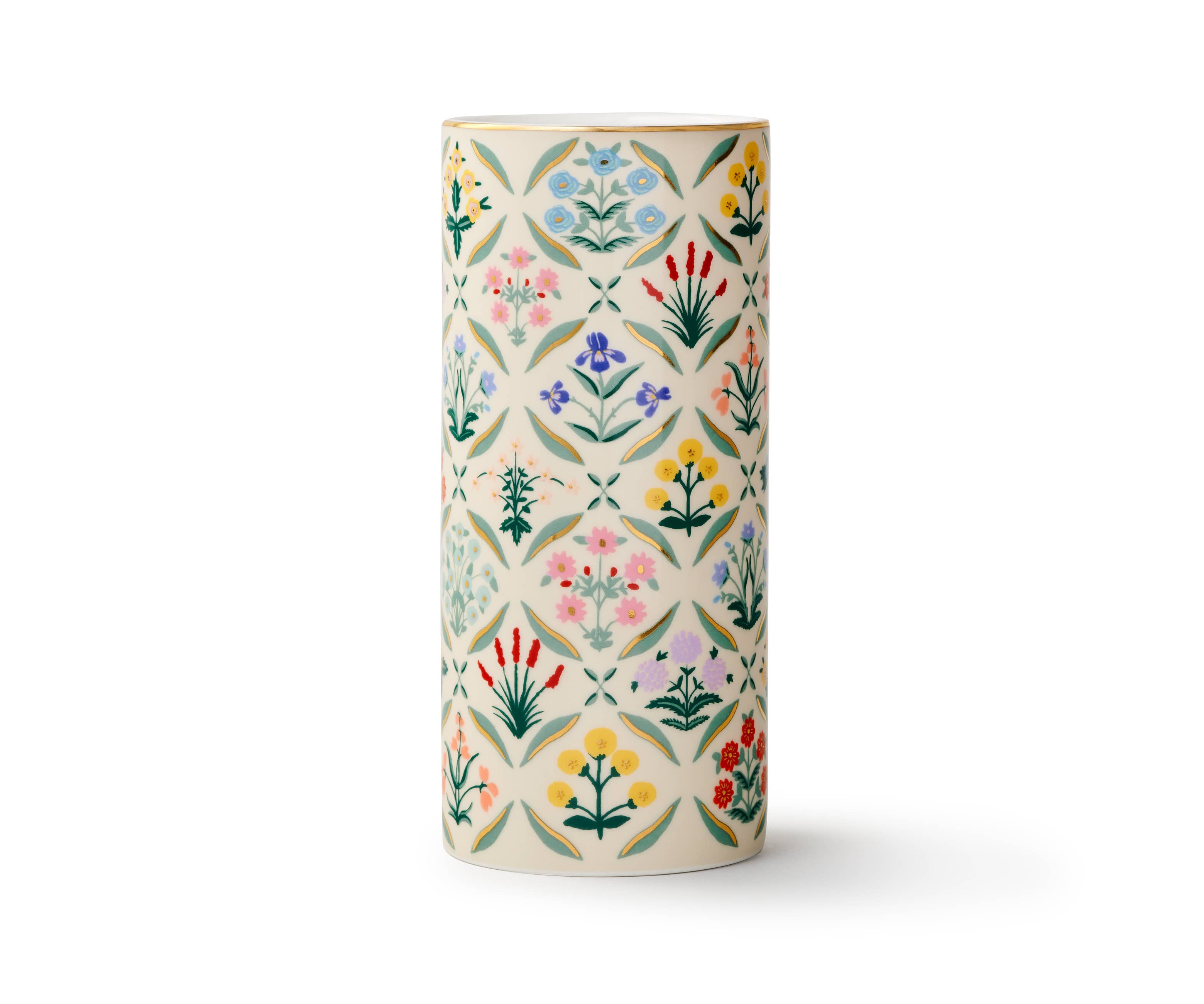 Cylindrical vase with floral pattern on a white background