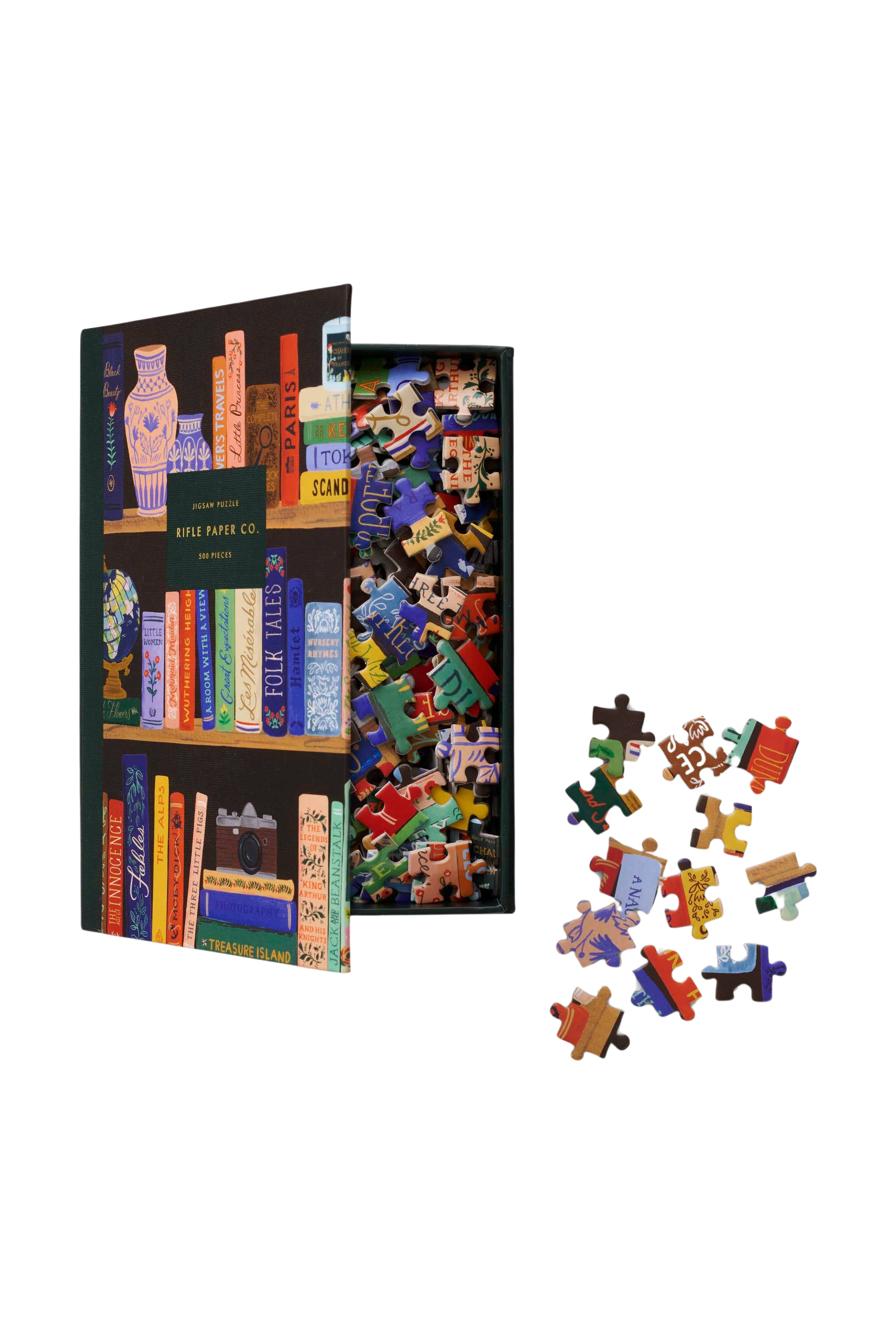 Puzzle with bookshelf art.