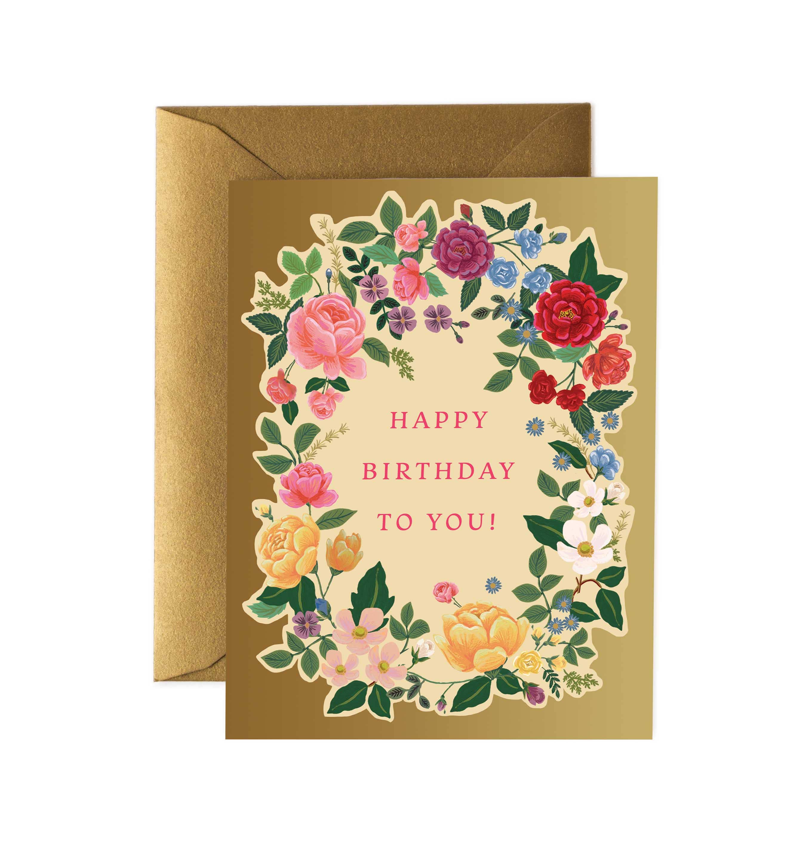 Floral birthday card with 'Happy Birthday To You!' text on a gold background
